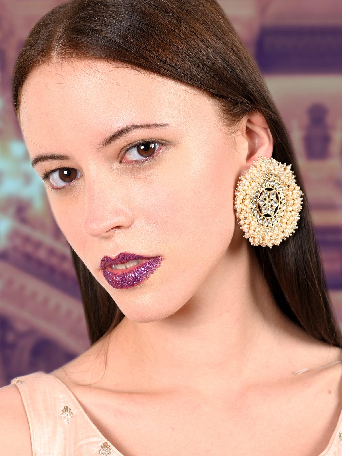 Women's Spectacular Gold Tone Kundan Heavy Pearl Earrings