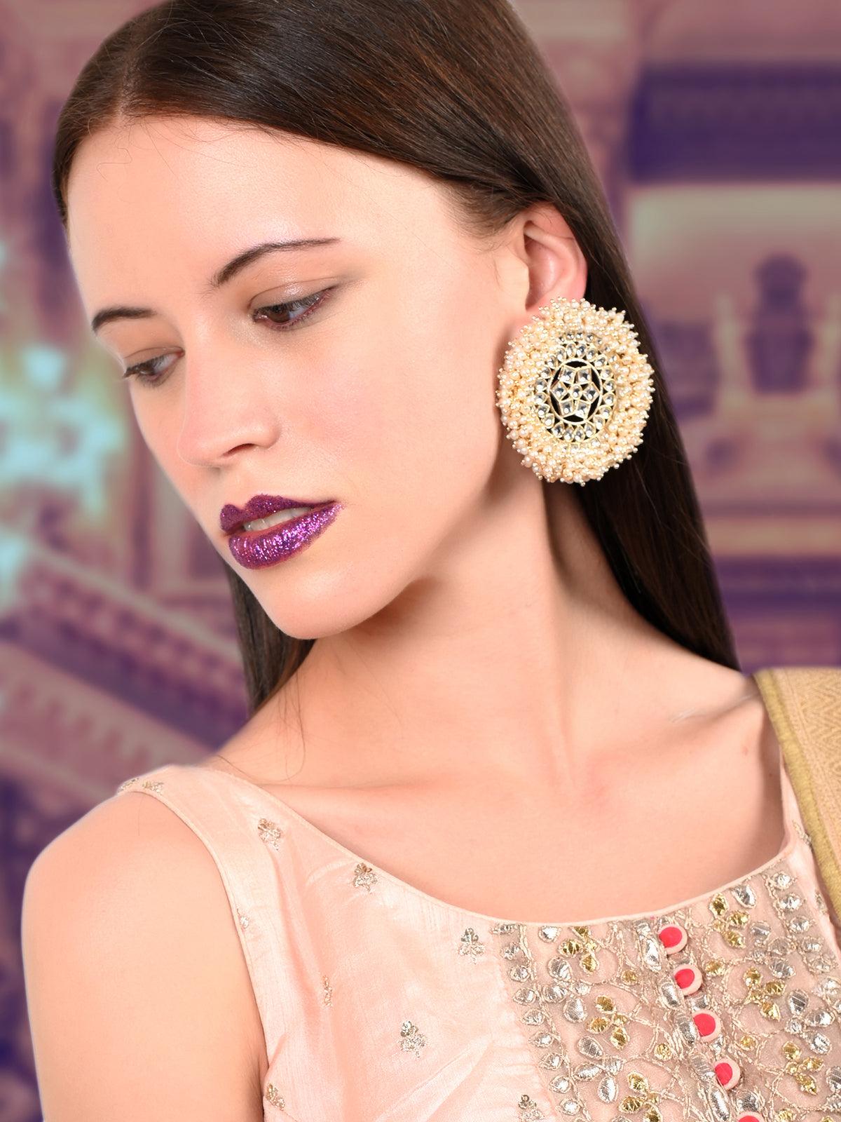 Women's Spectacular Gold Tone Kundan Heavy Pearl Earrings