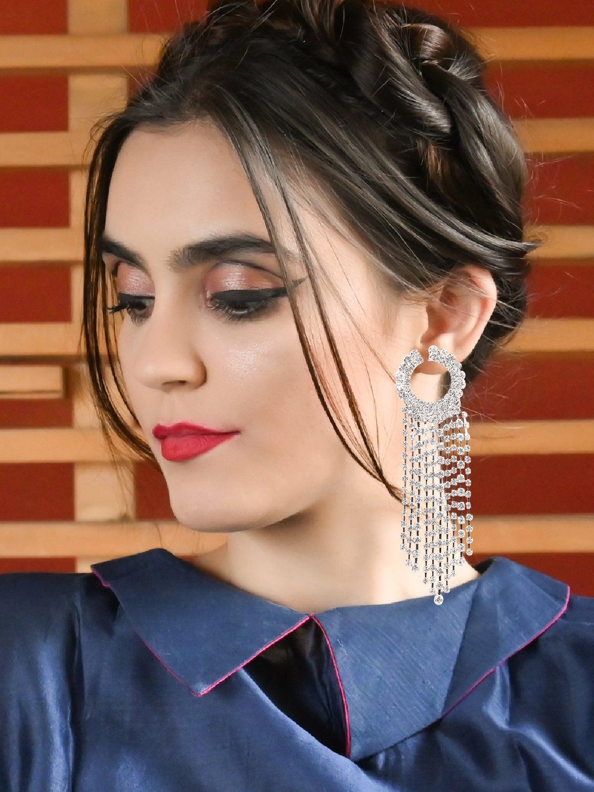 Women's Spherical Tassel Crystal Earring- Silve