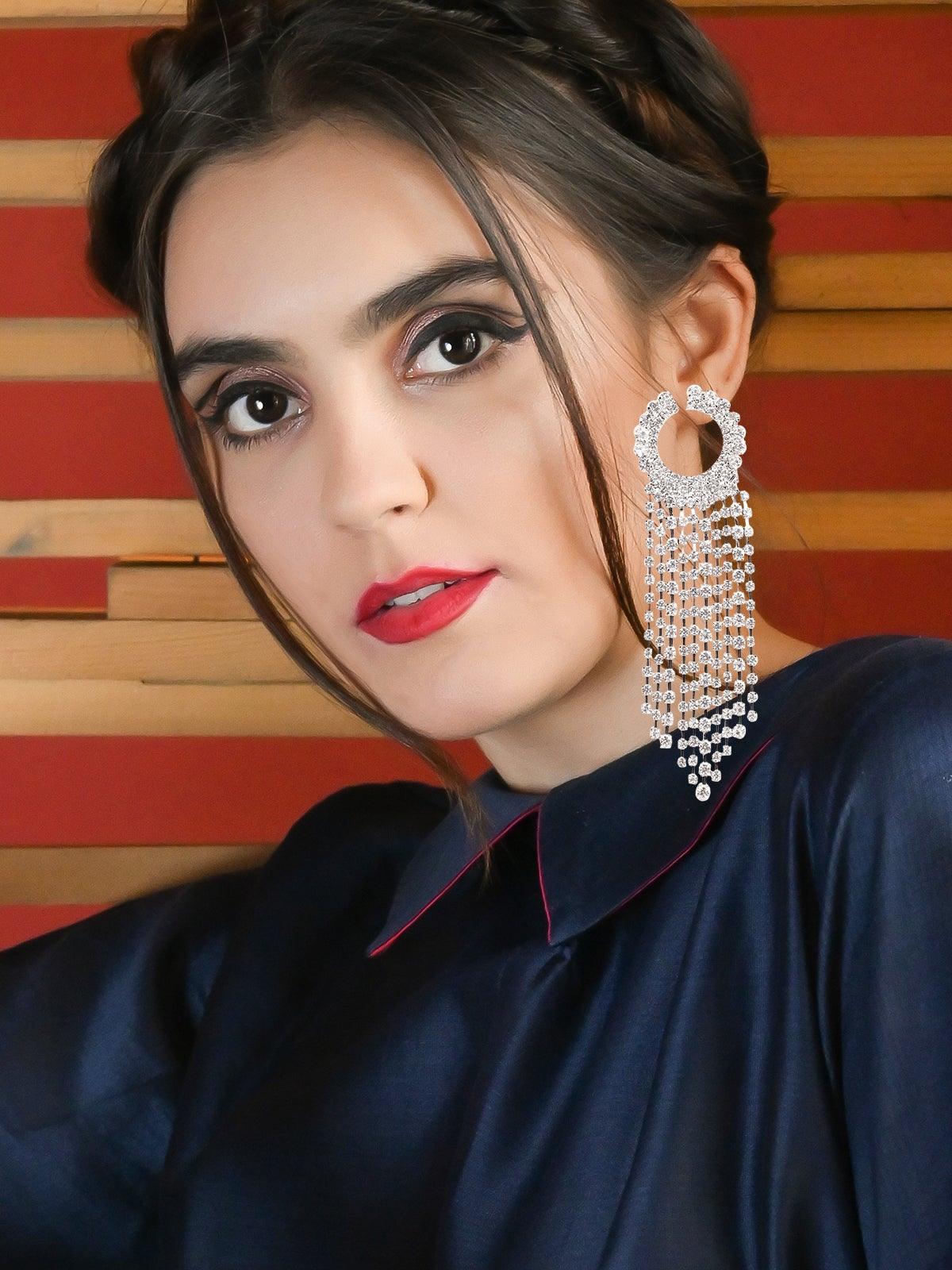 Women's Spherical Tassel Crystal Earring- Silve