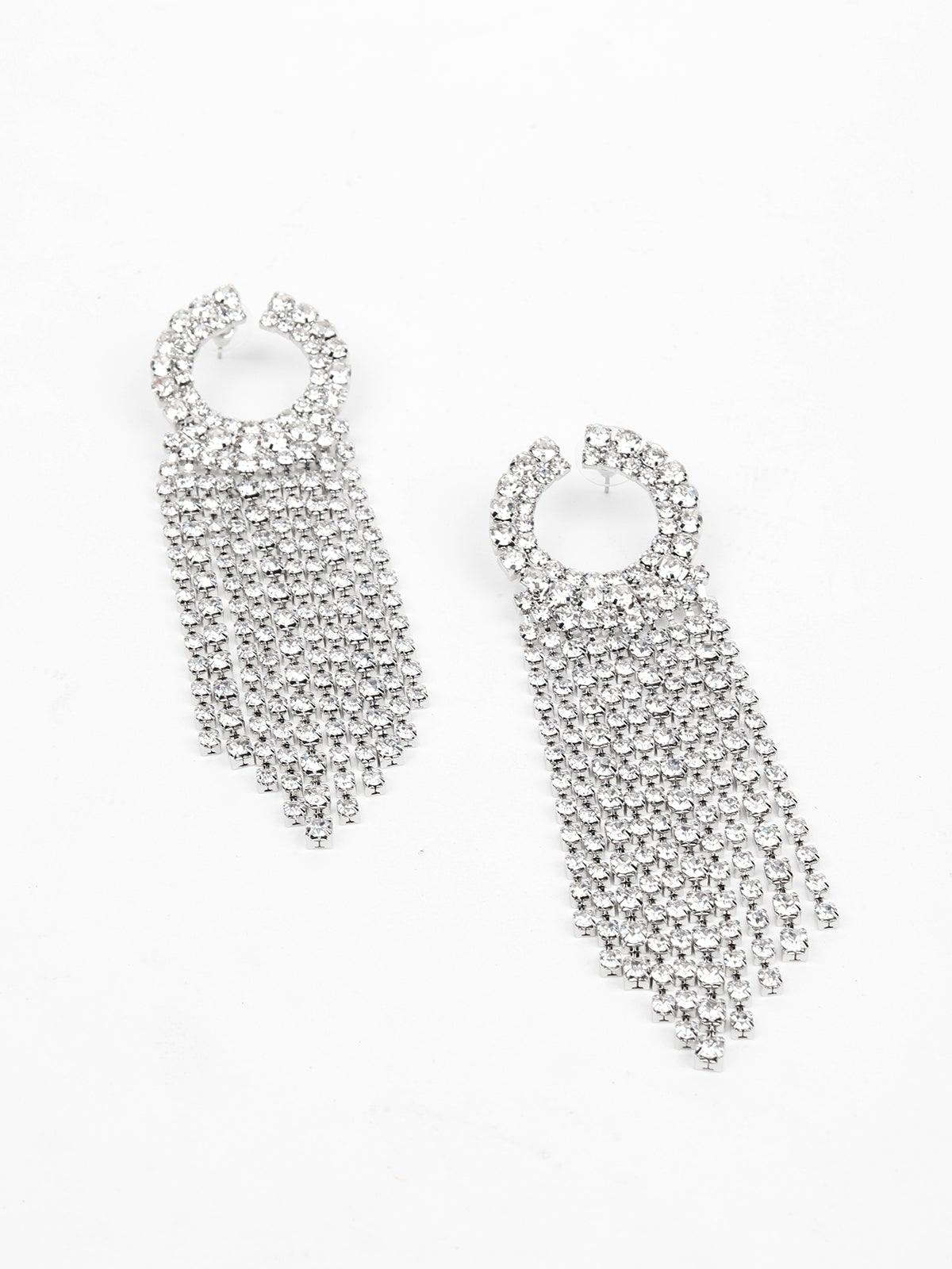 Women's Spherical Tassel Crystal Earring- Silve