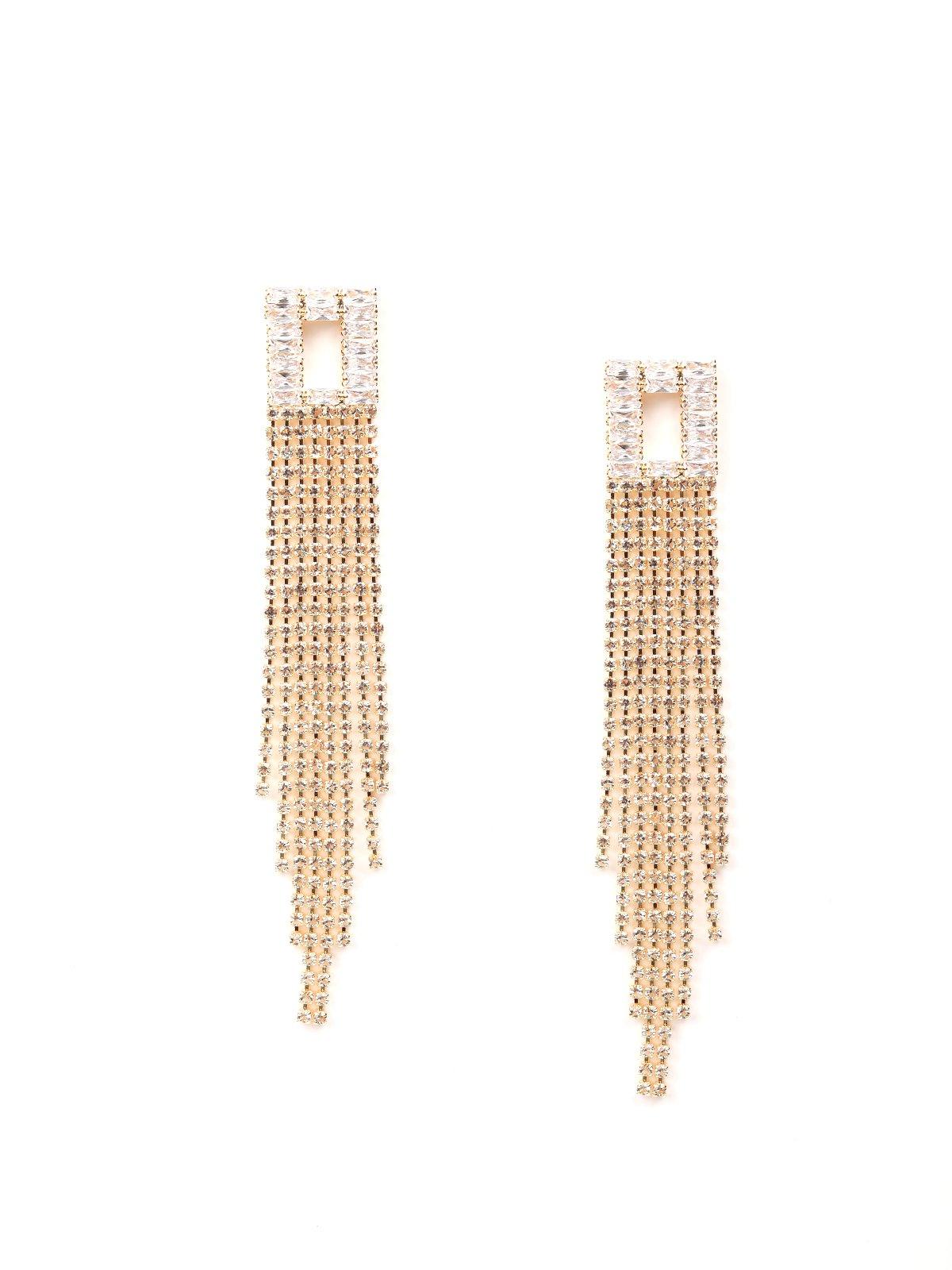 Women's Square Shaped Gold-Tone Crystal Tassel Drop Earrings