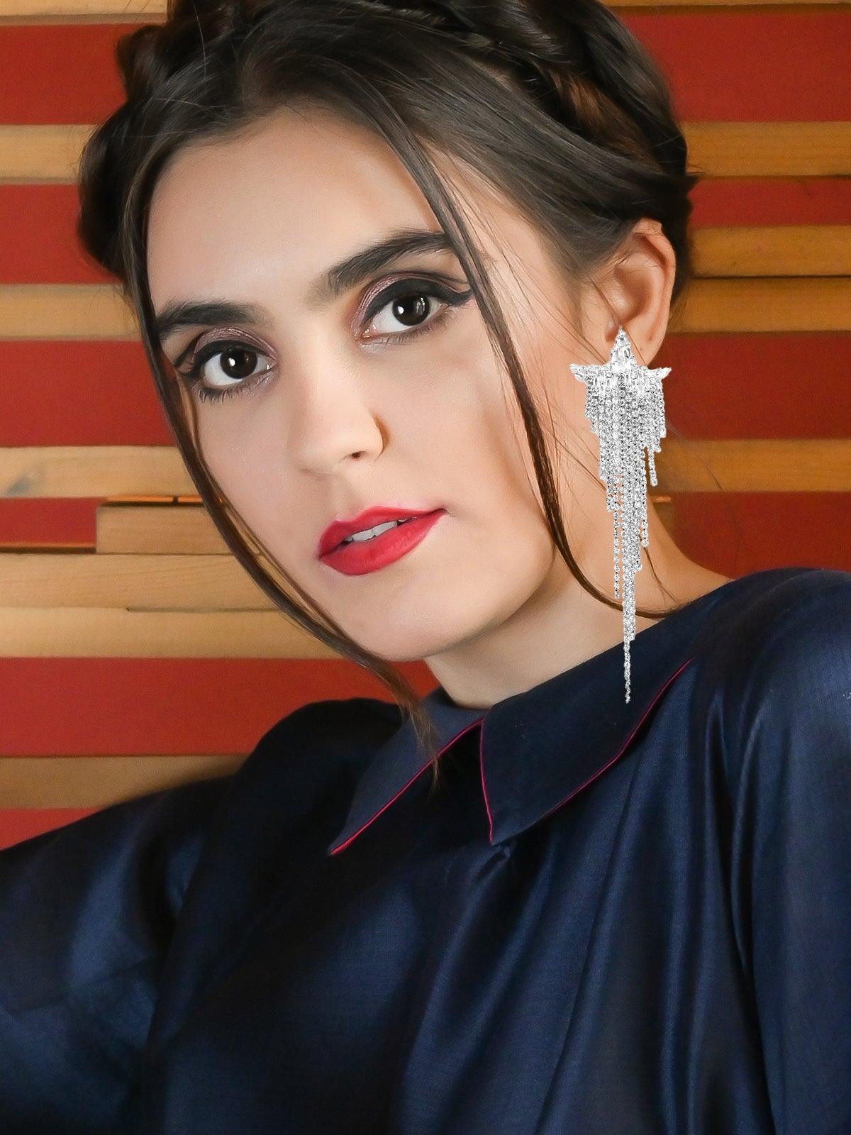 Women's Star-Shaped Silver Tassel Drop Crystal Earring