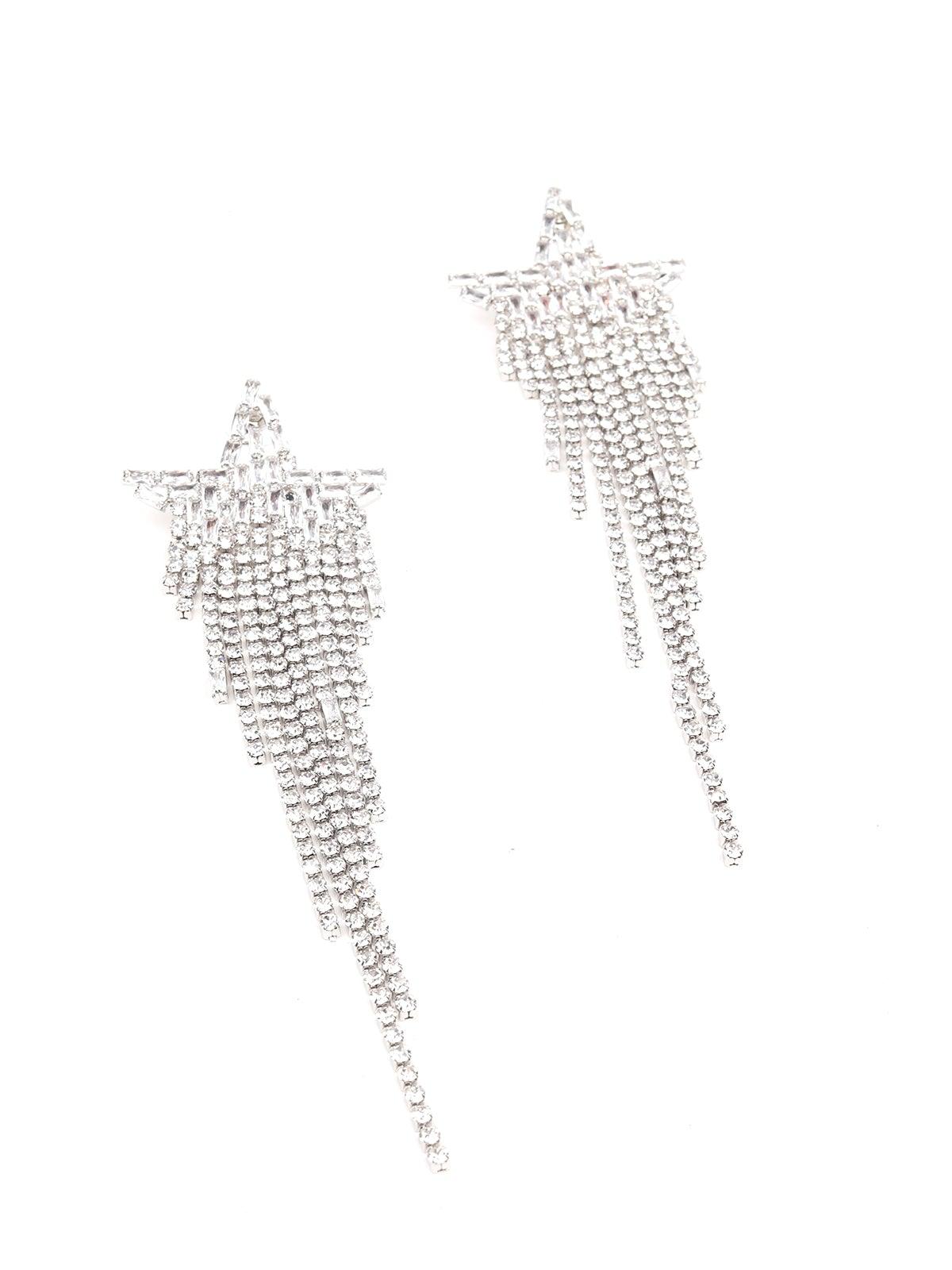 Women's Star-Shaped Silver Tassel Drop Crystal Earring