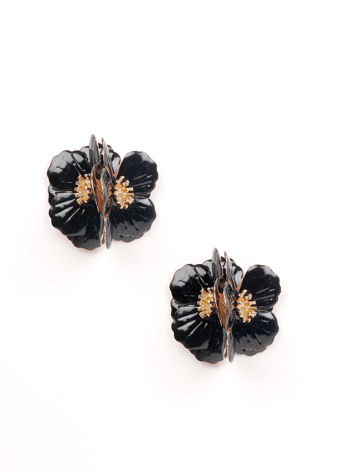 Women's Statement Black Textured Floral Earring