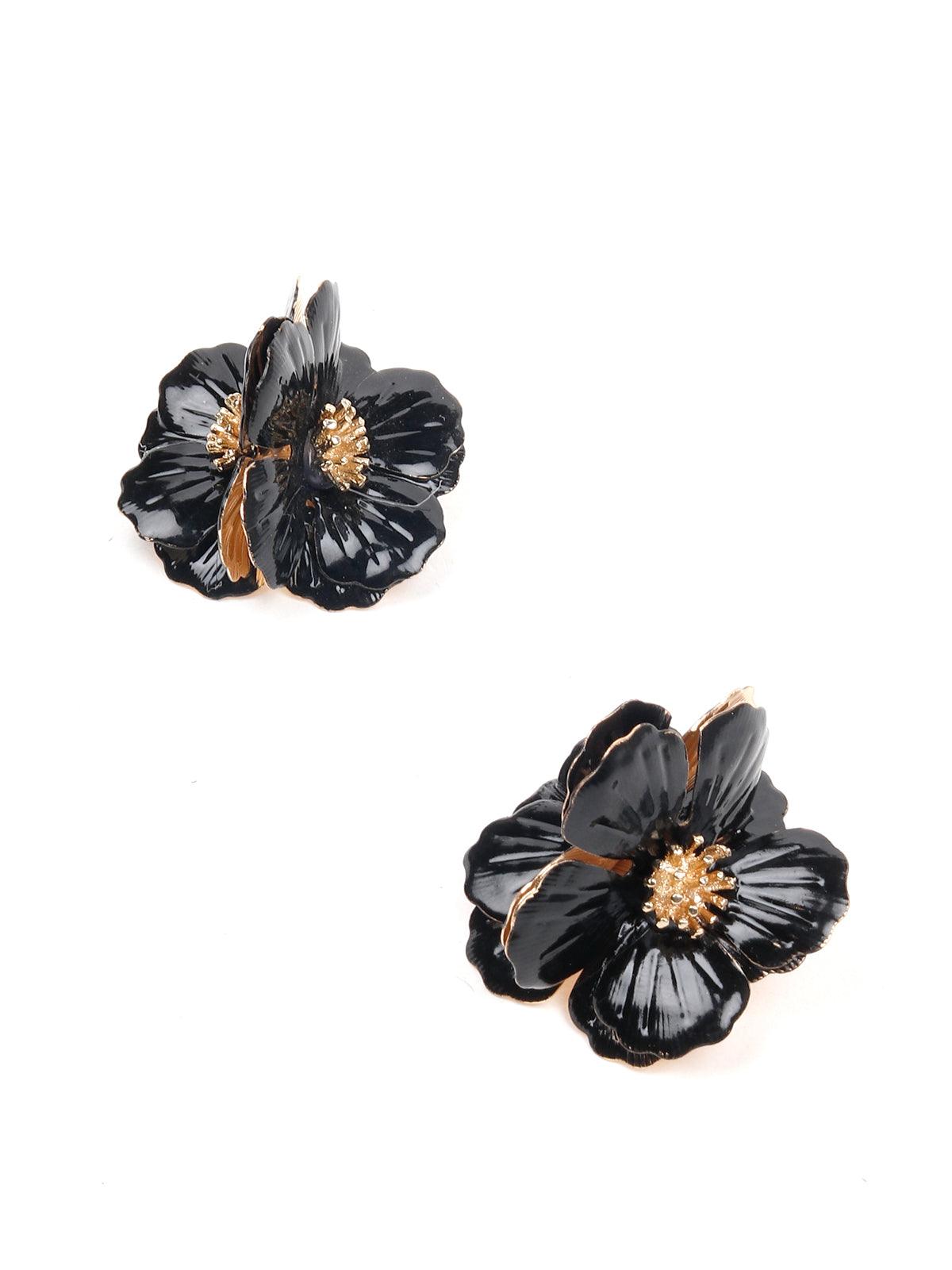 Women's Statement Black Textured Floral Earring