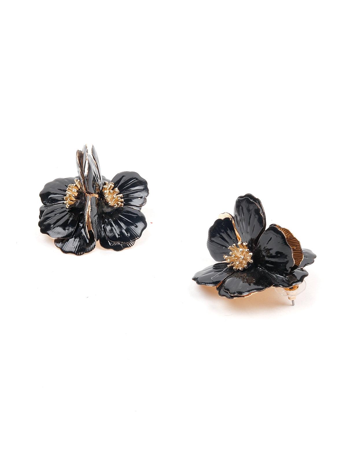 Women's Statement Black Textured Floral Earring