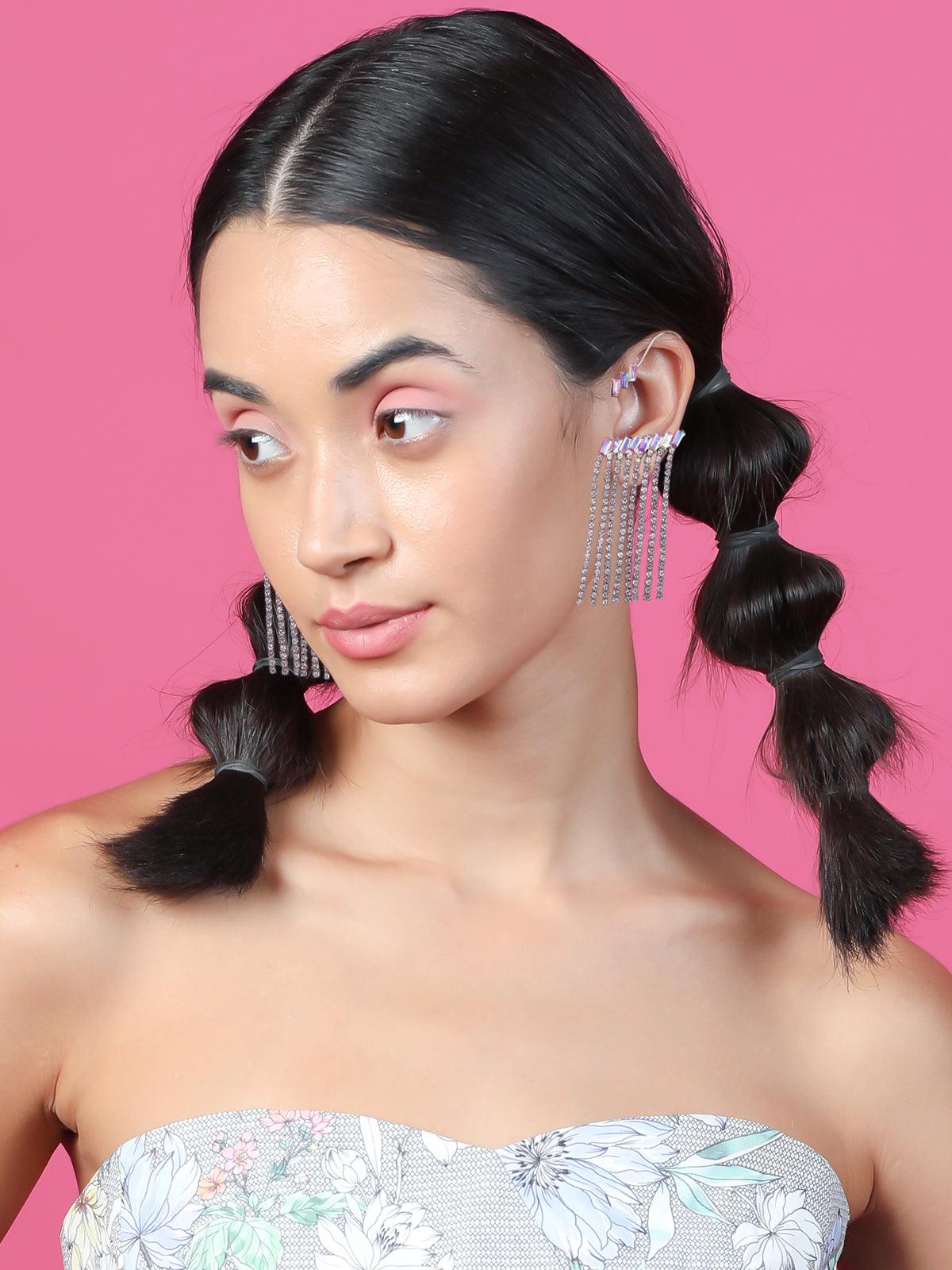 Women's Studded Tassel Drop Earcuff Earring