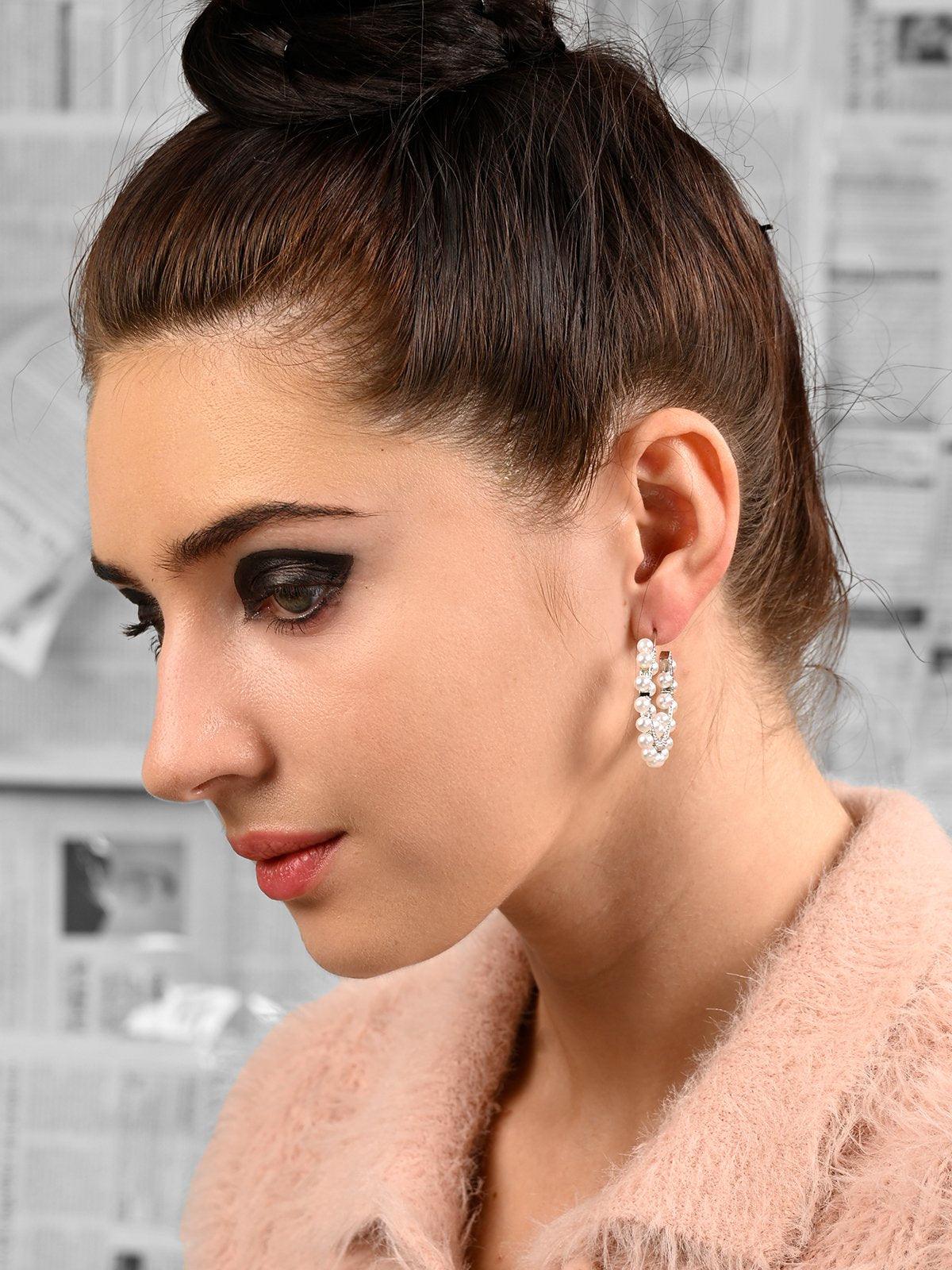 Women's Stunning Crystal And Pearls Embellished Hoop Earring
