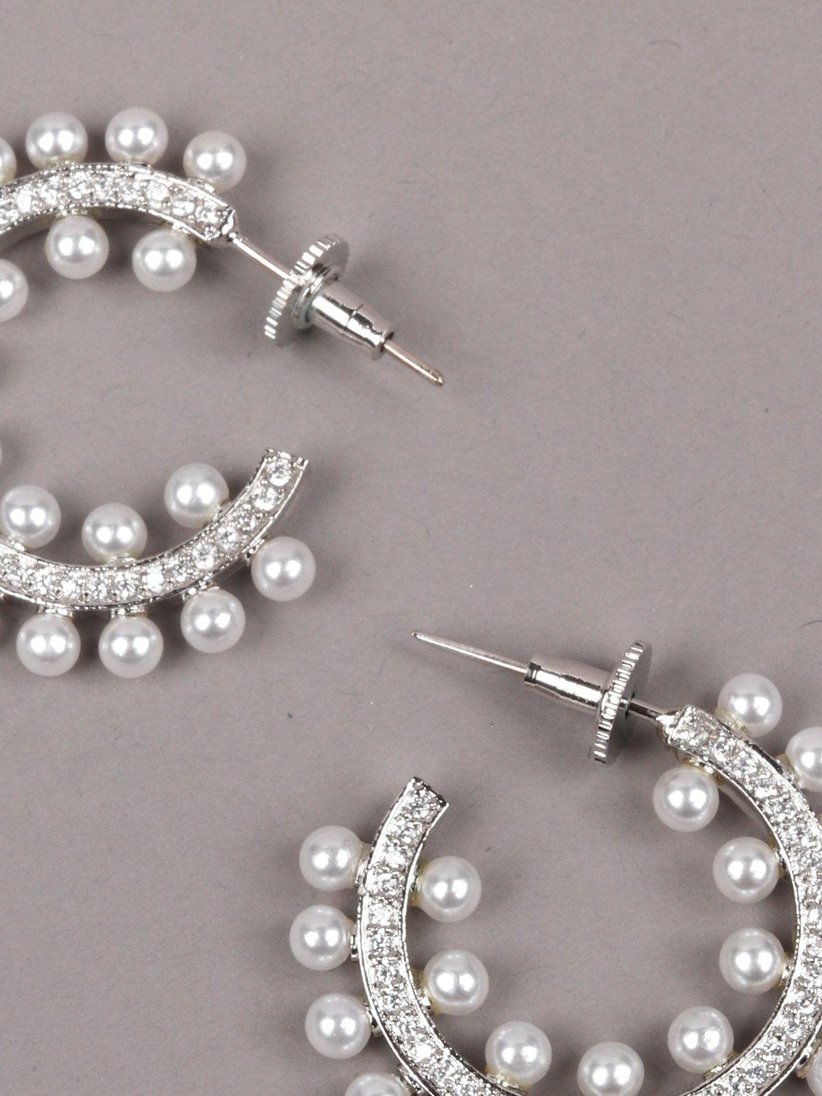 Women's Stunning Crystal And Pearls Embellished Hoop Earring