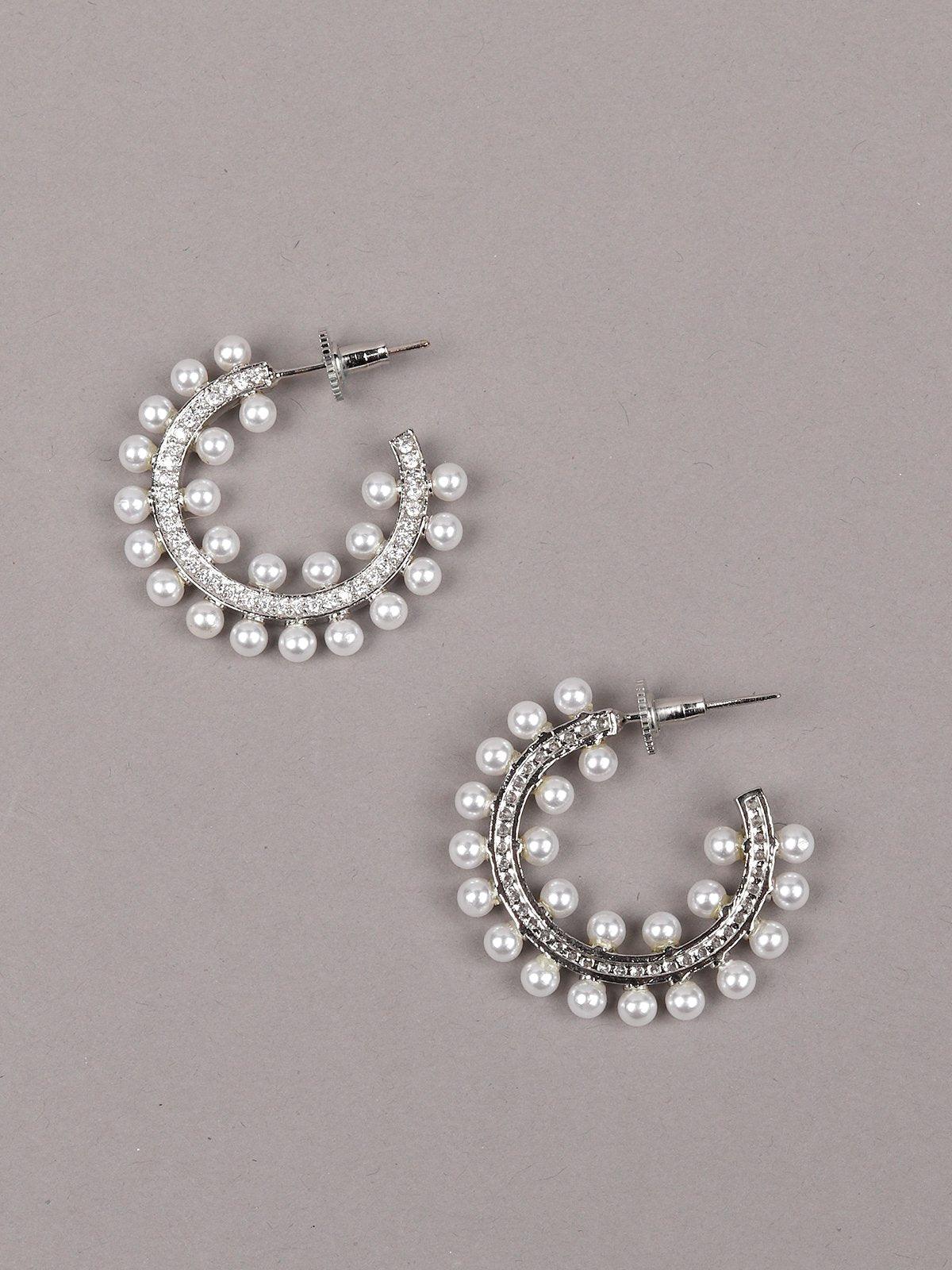 Women's Stunning Crystal And Pearls Embellished Hoop Earring