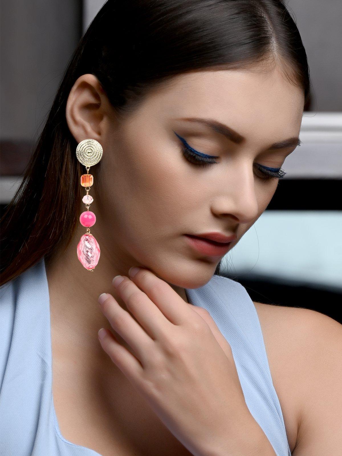 Women's Stunning Gold And Pink Drop Long Earrin