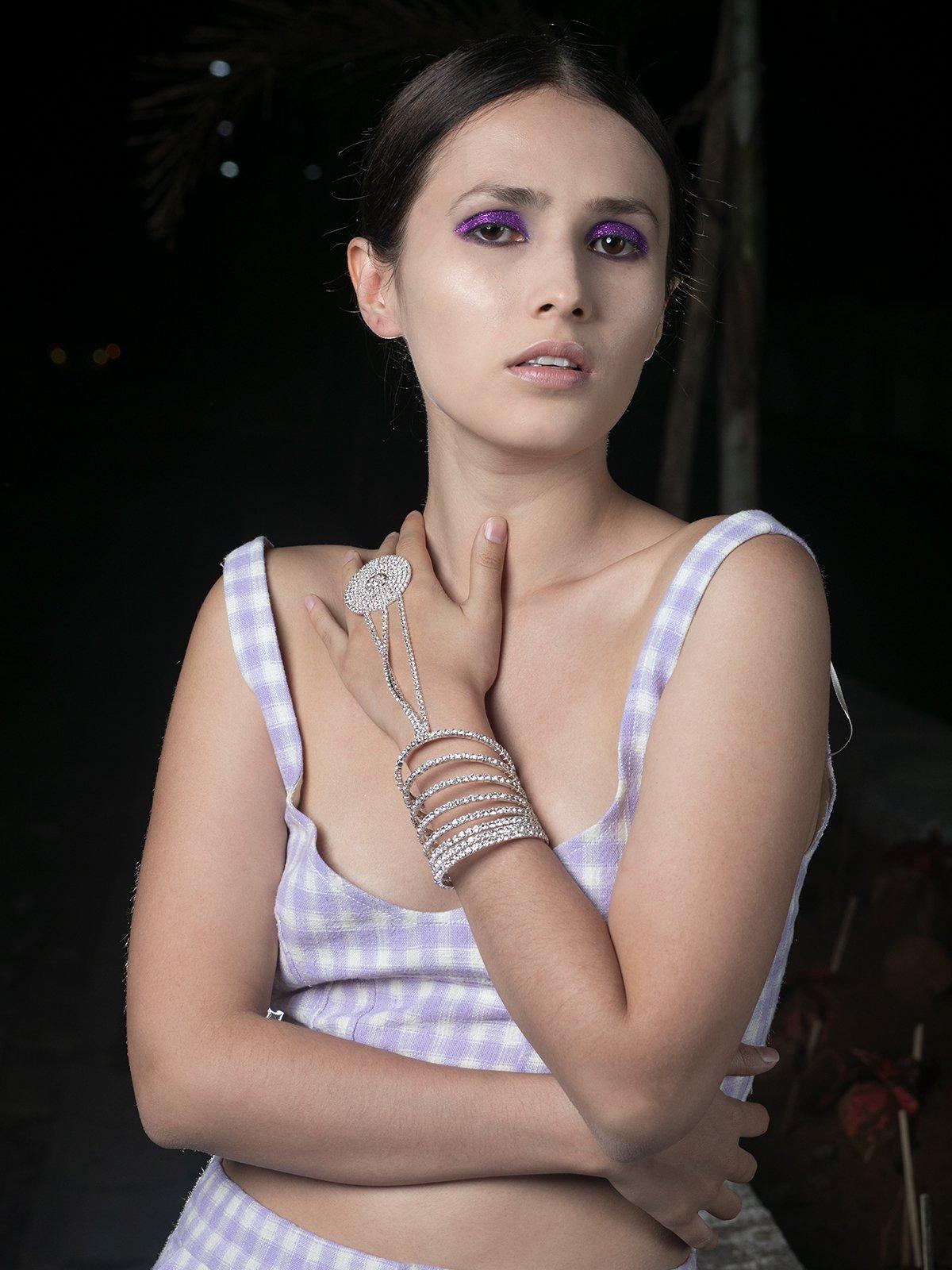 Women's Stunning Studded Bracelet Joining To A Rin