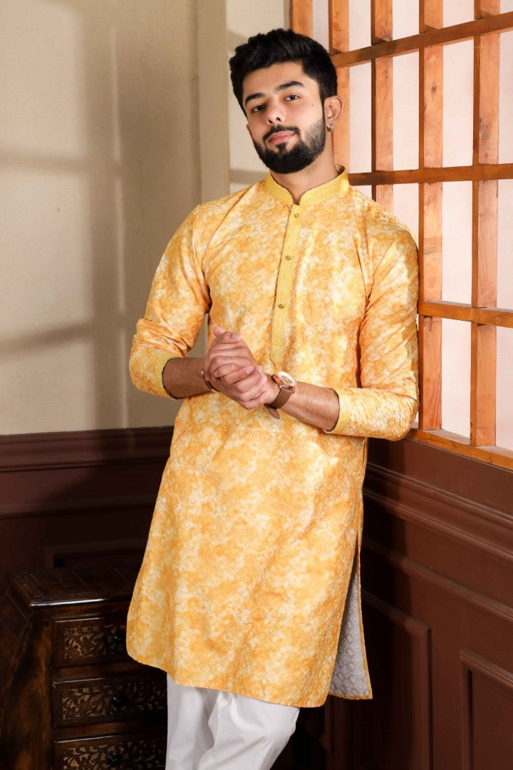 Men's Gold Cotton Blend Solid Kurta Set - Panjari Store