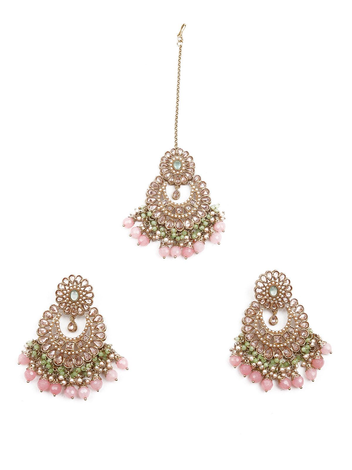 Women's Stylish Multicolored Dangle Earrings And Maangtika Se