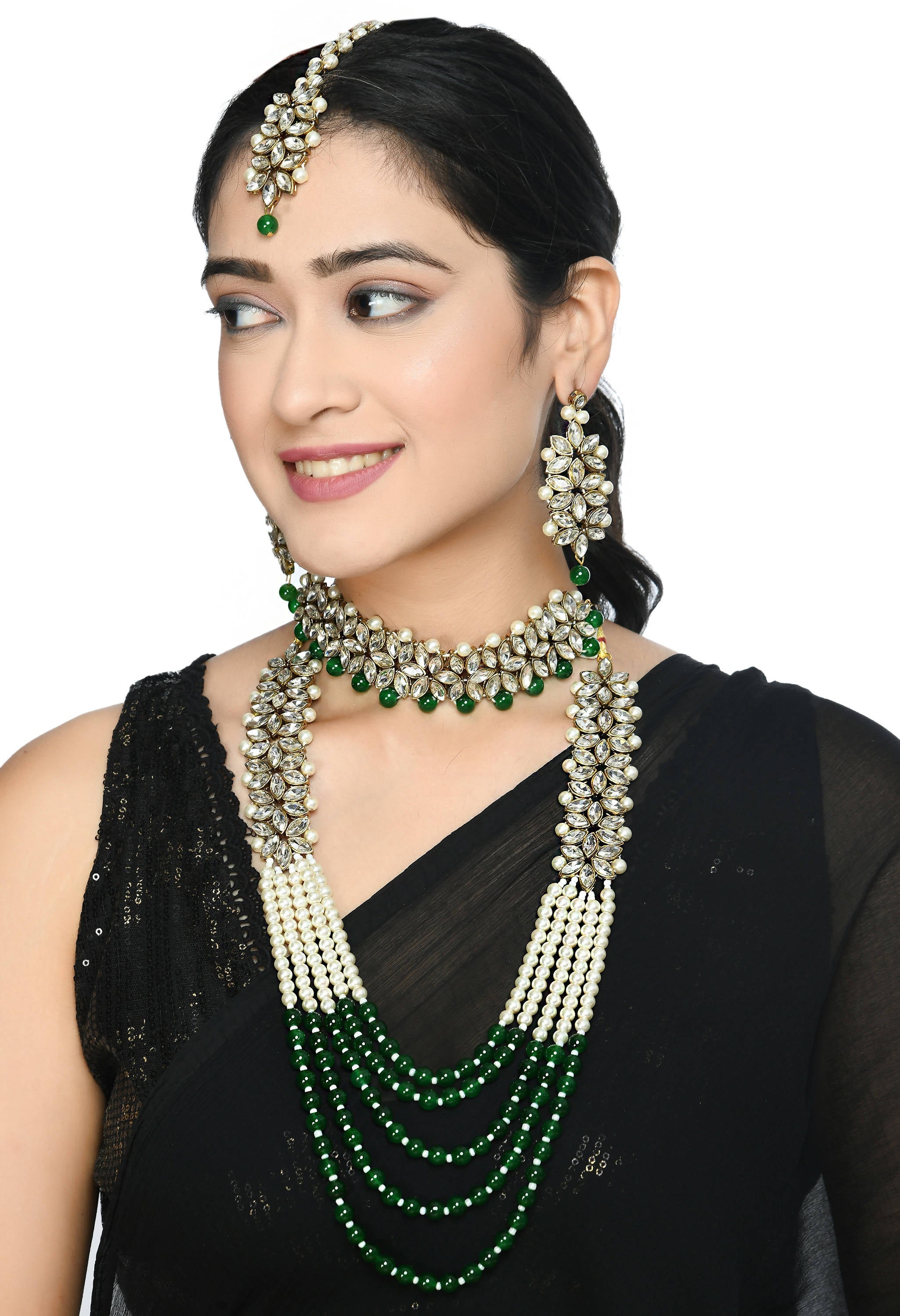 Johar Kamal Golden Plated with stone and green Pearls Necklace Comb
