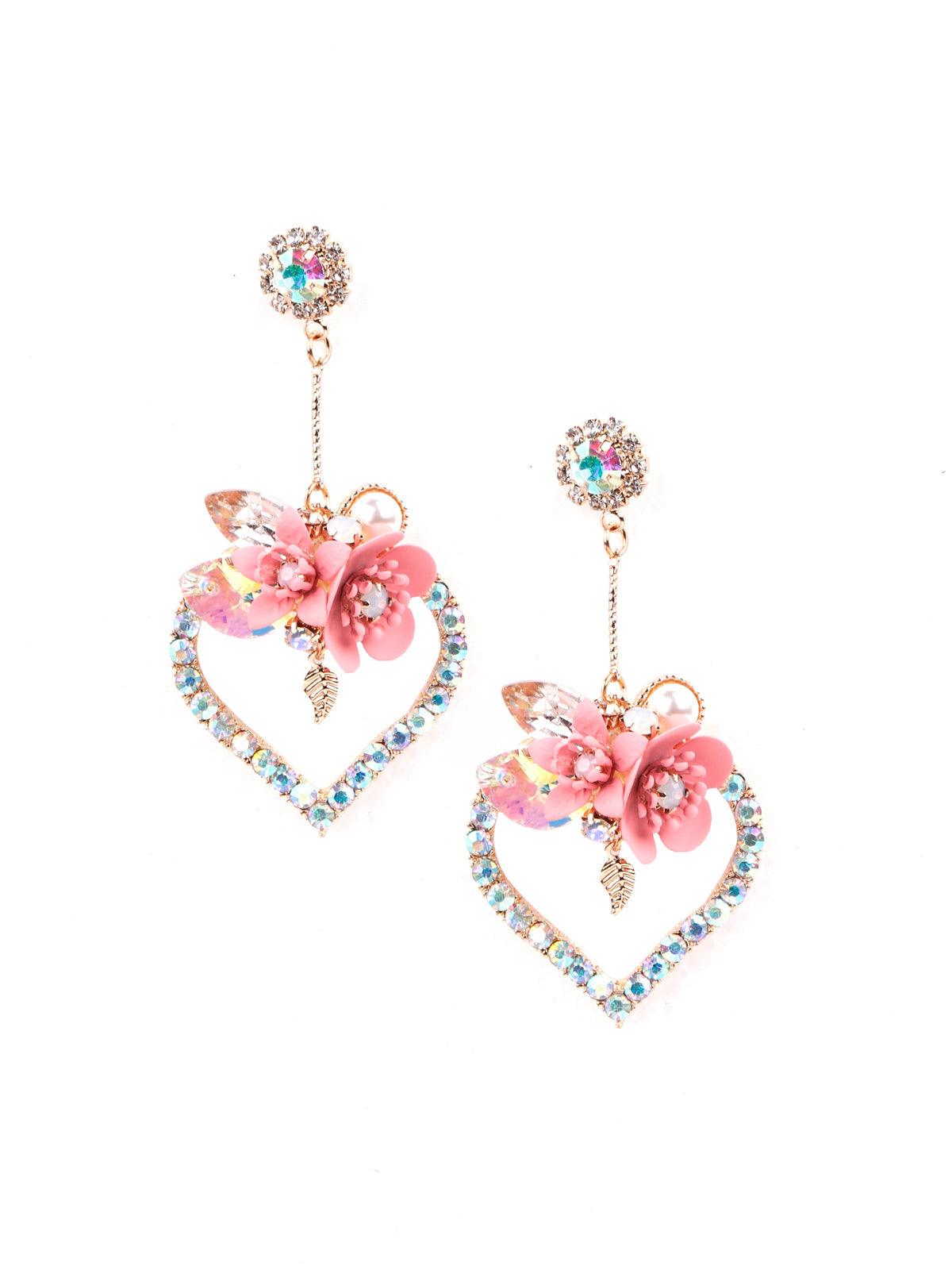 Women's Super Cute Pink Floral Heart Shaped Drop Statement Earring