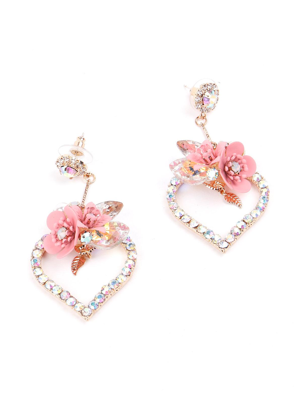Women's Super Cute Pink Floral Heart Shaped Drop Statement Earring