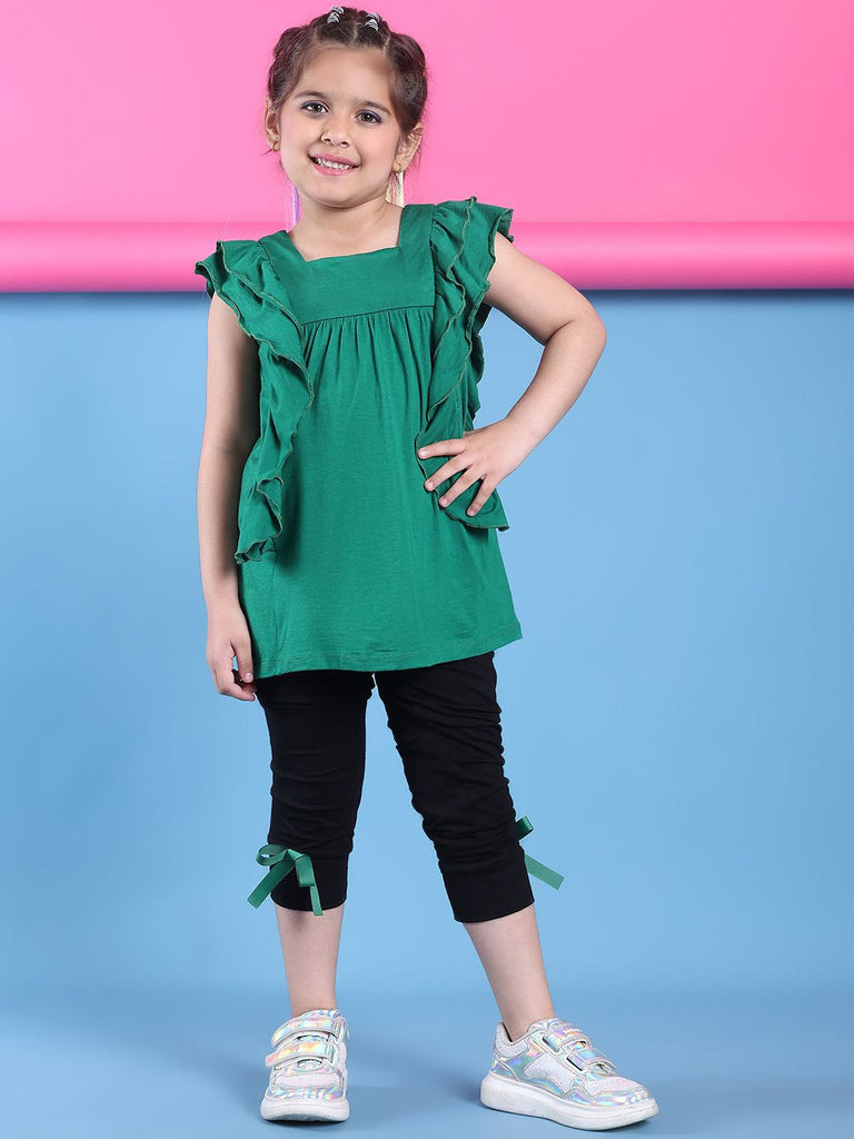 Girl's Green Viscose Rayon Solid Top Set