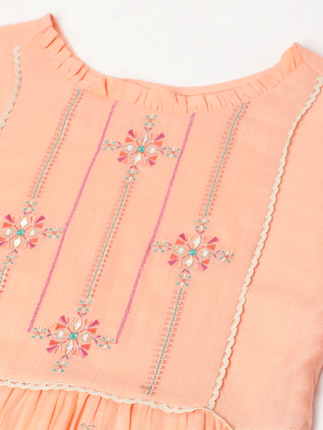 Women's Peach Poly Cotton Yoke Embroidered A-Line Top - Navyaa