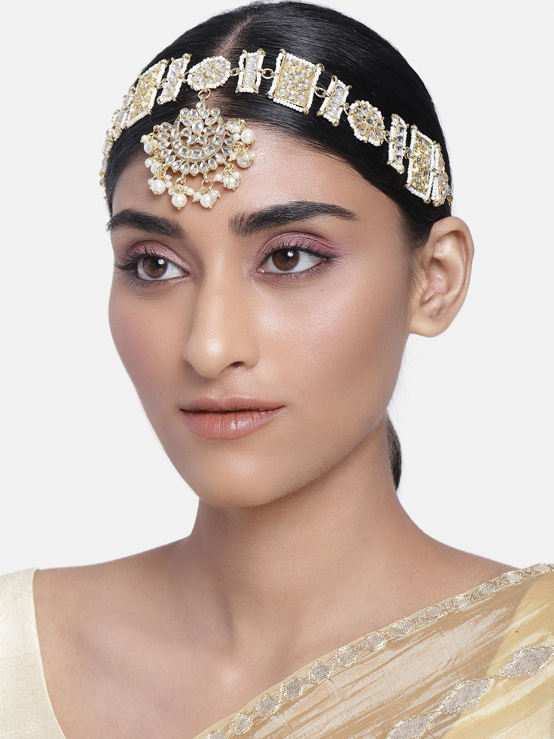 Women's 18k Gold Plated Floral Kundan Pearl Studde Sheeshpatti