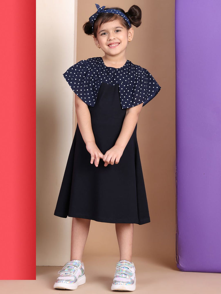 Girl's Navy Blue Cotton Solid Dress