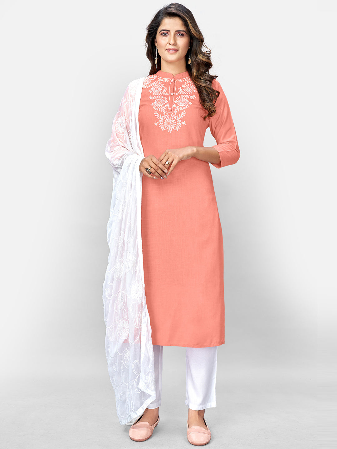 Women's Peach Rayon Kurta With Pant & Dupatt