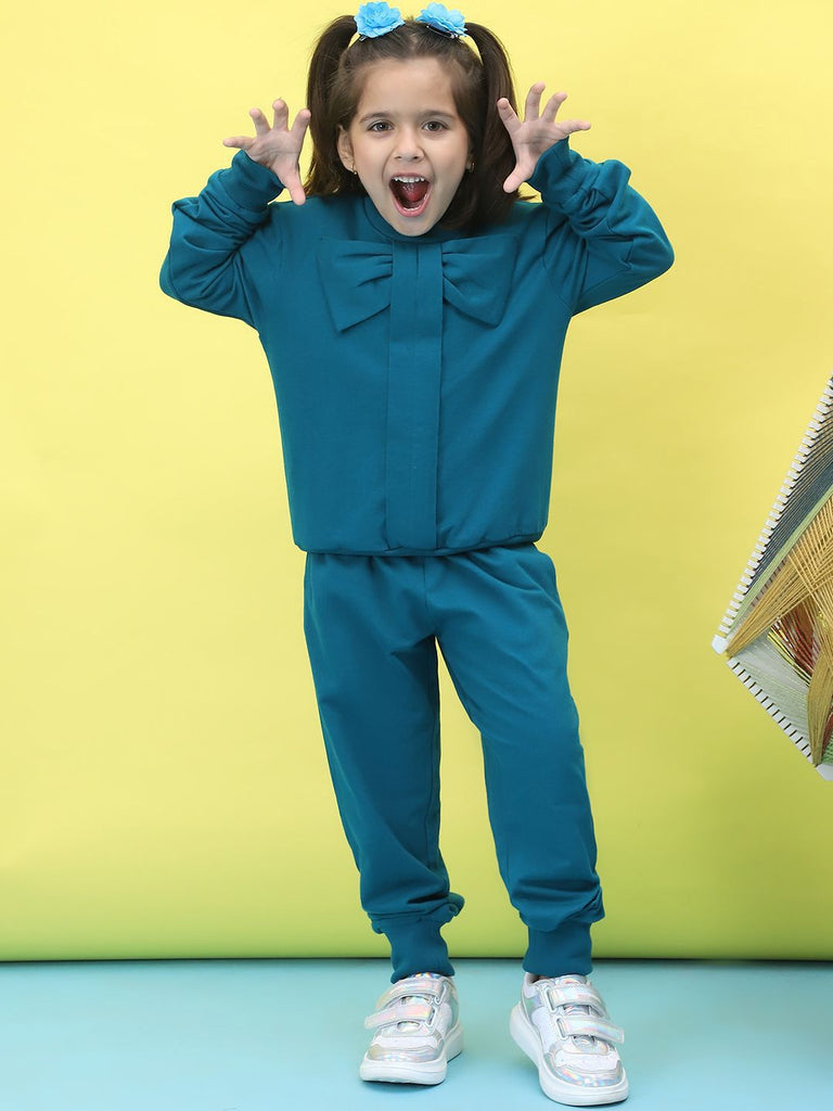 Girl's Teal Pure Cotton Solid Co-Ord Set