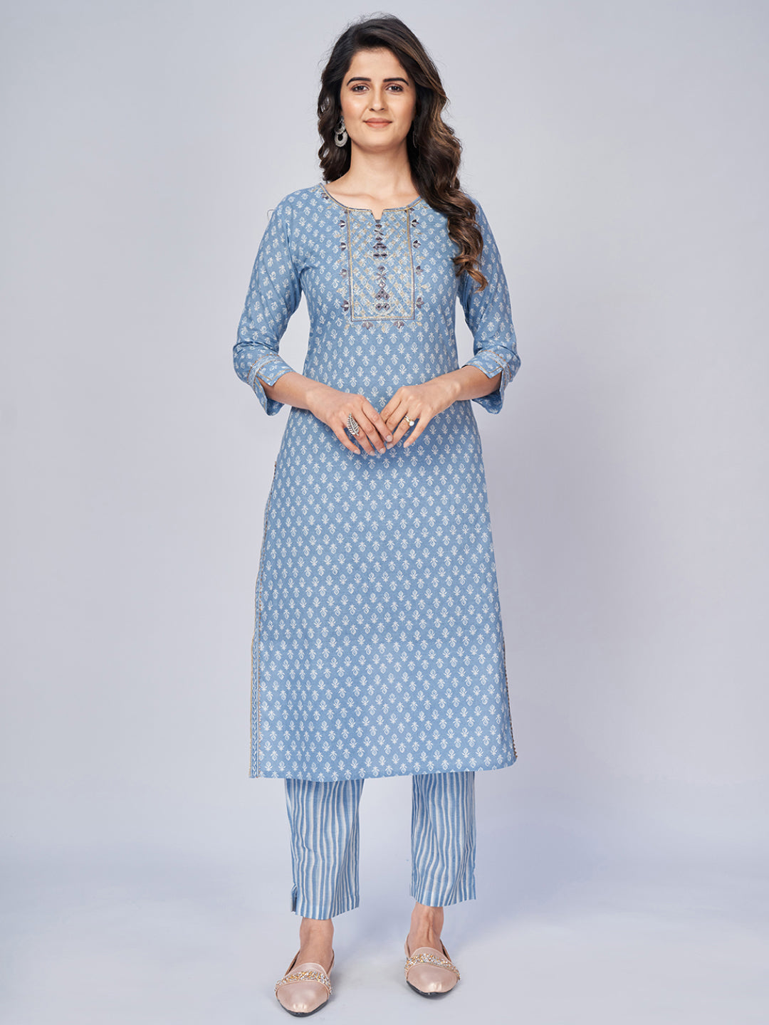 Women's Printed & Embroidered Straight Cotton Sky Blue Kurta Pant With Dupatta (3Pcs Set)