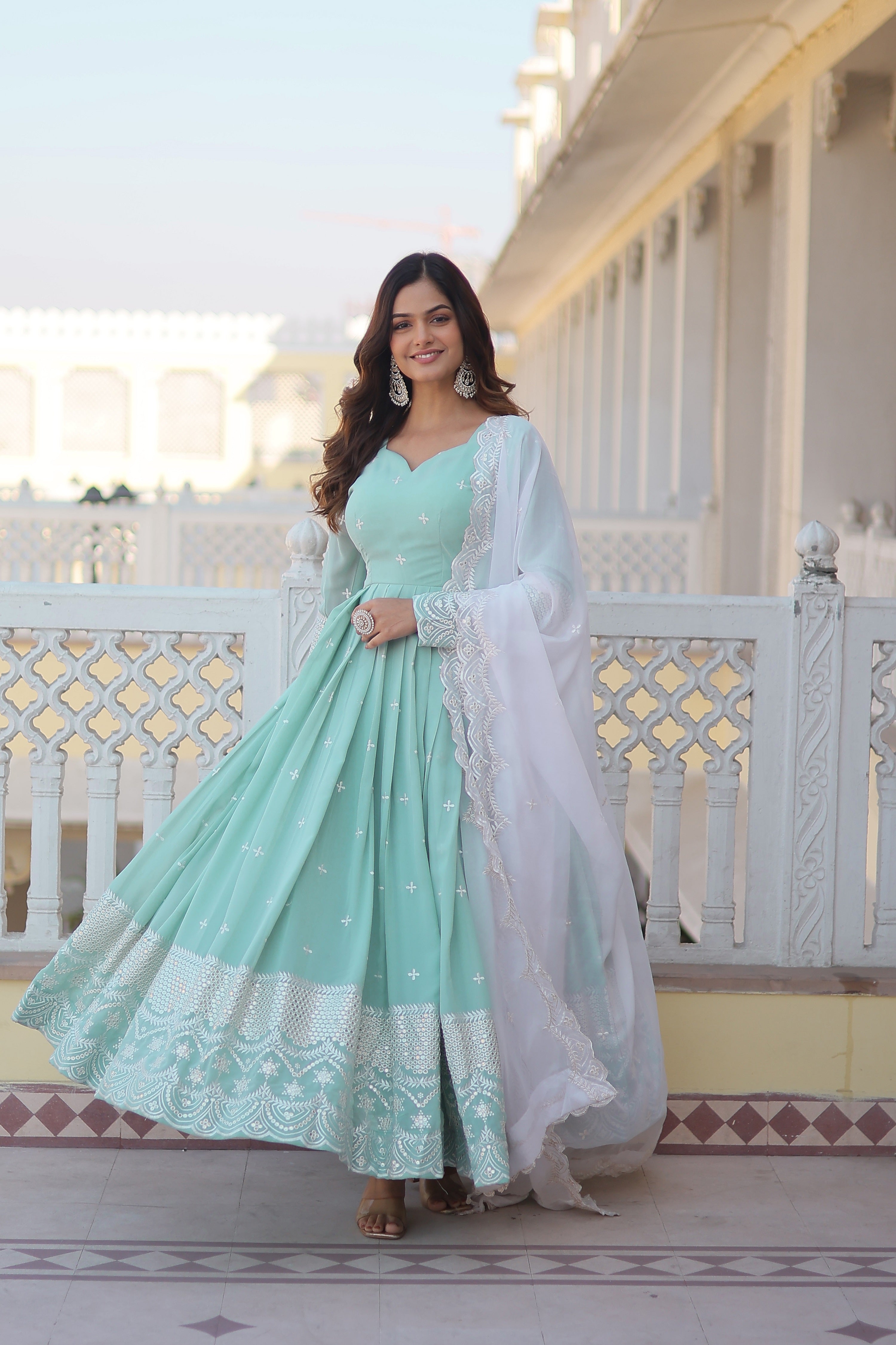 Women's Light Blue Georgette Party Wear Anarkali Set