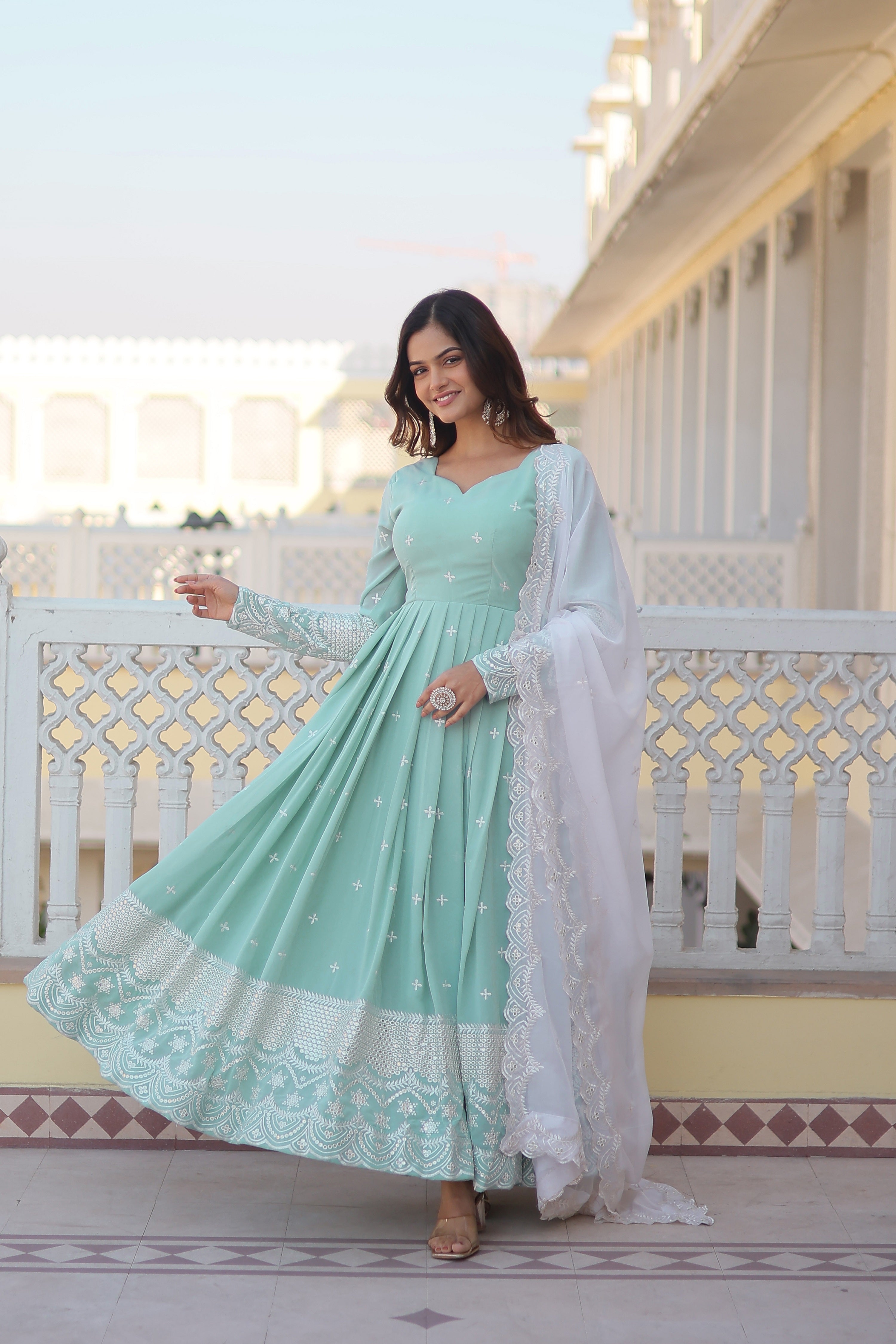 Women's Light Blue Georgette Party Wear Anarkali Set