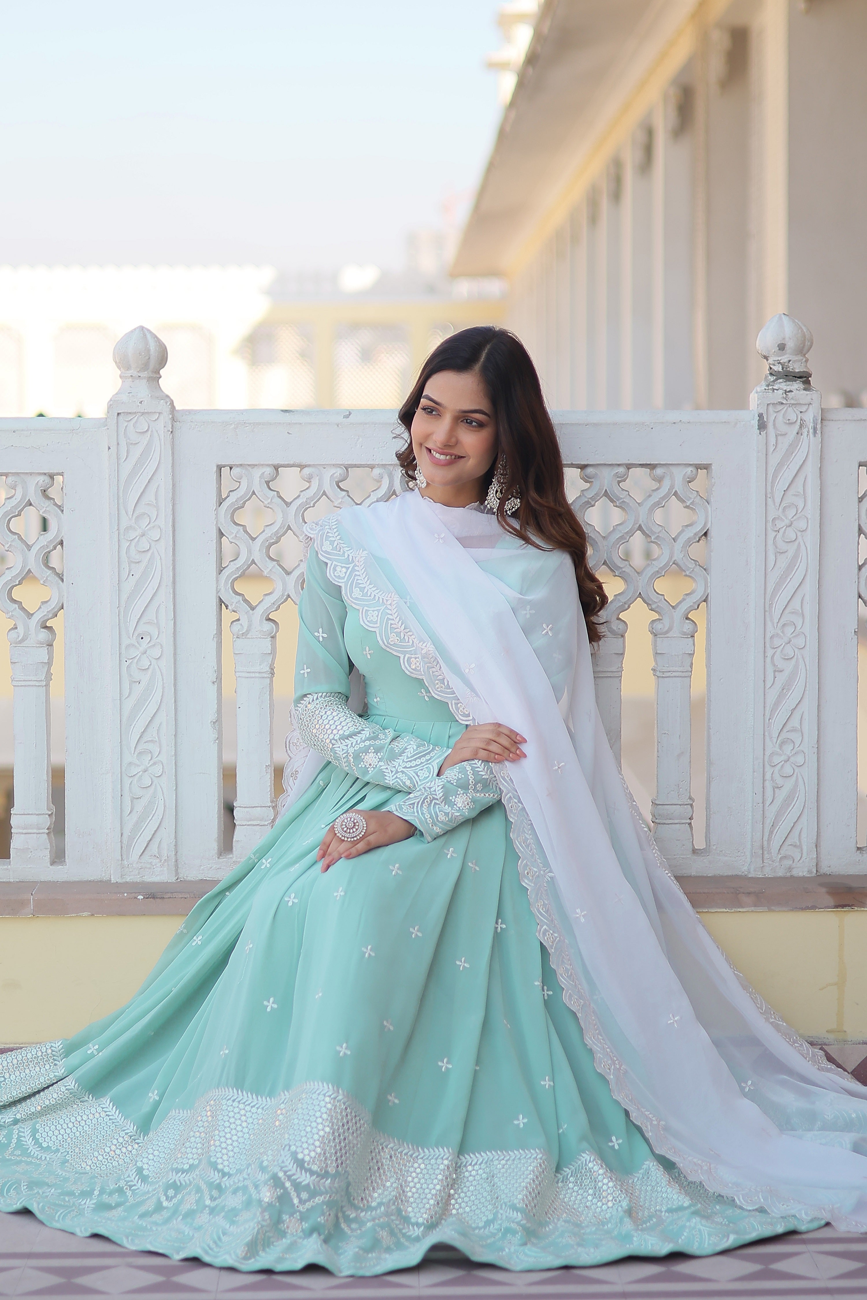 Women's Light Blue Georgette Party Wear Anarkali Set