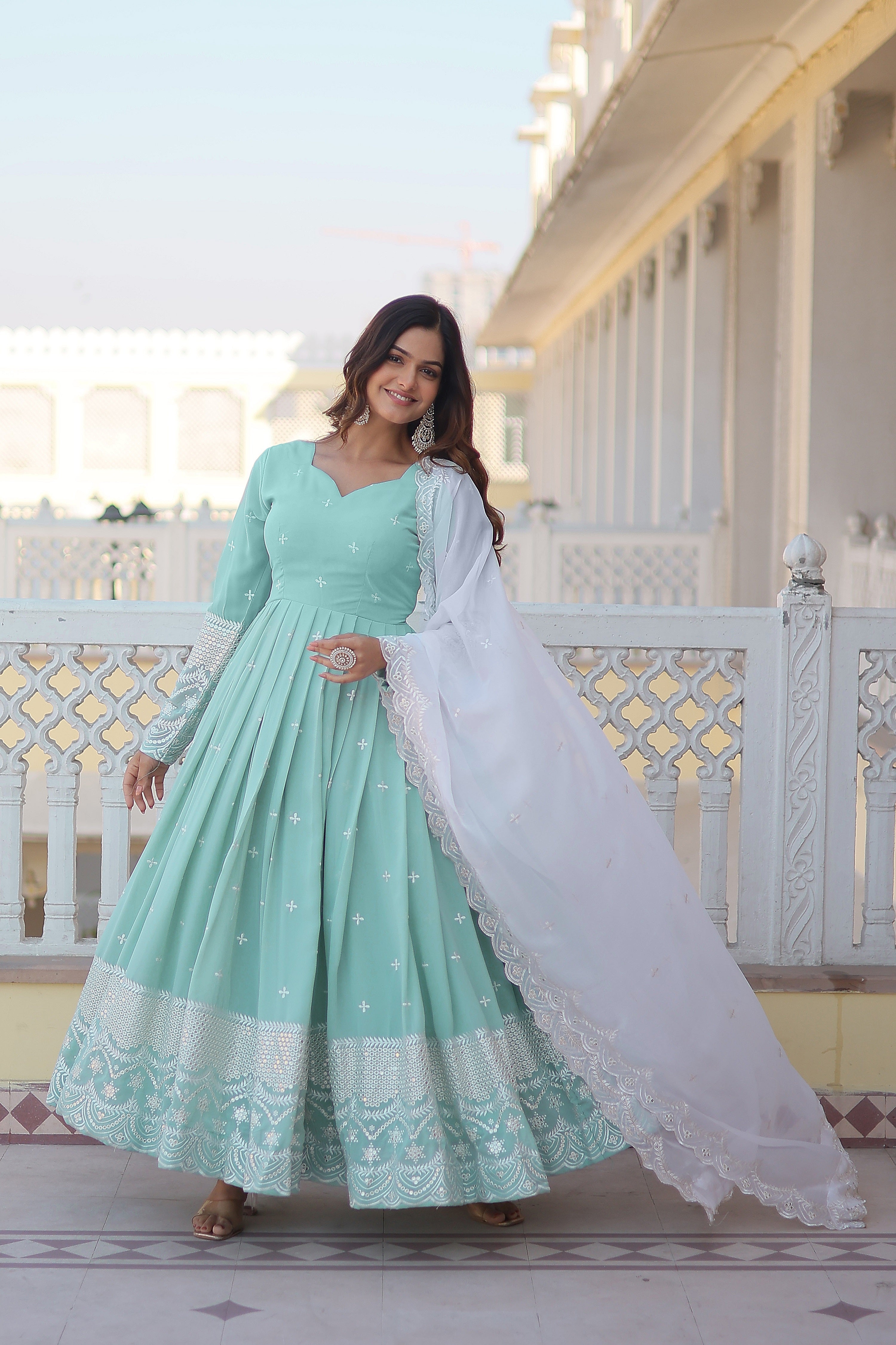 Women's Light Blue Georgette Party Wear Anarkali Set