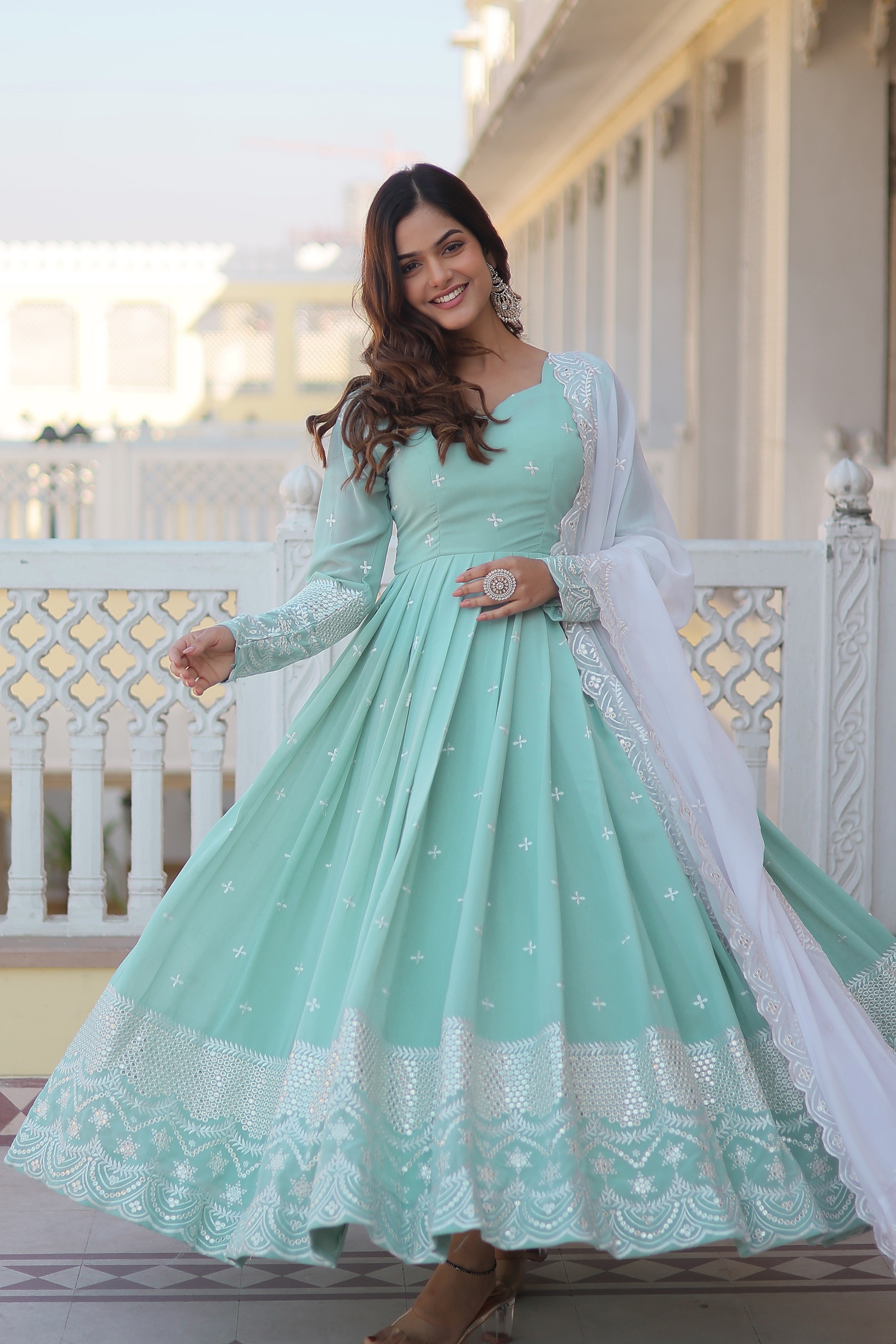 Women's Light Blue Georgette Party Wear Anarkali Set - Yash Enterprise