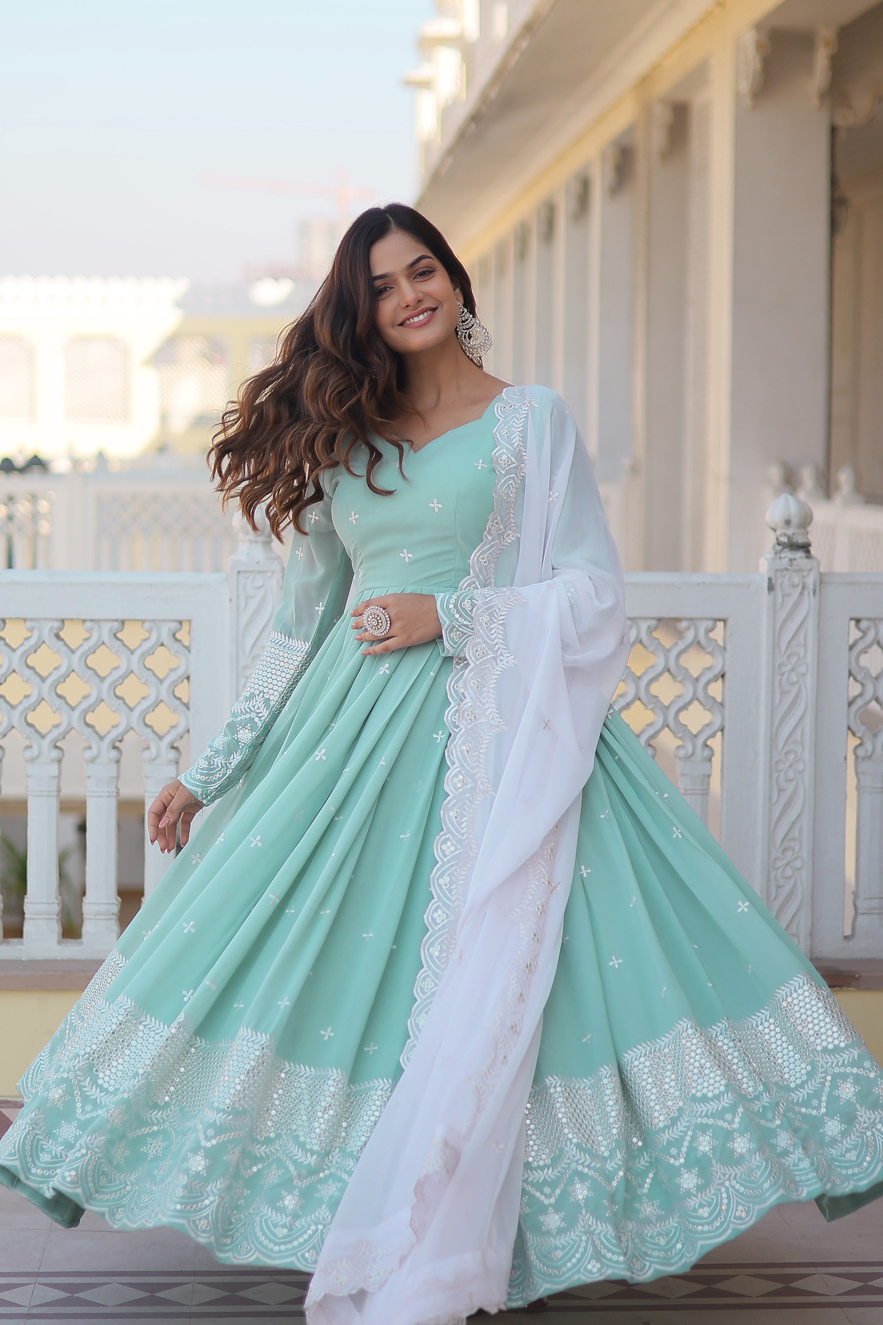 Women's Light Blue Georgette Party Wear Anarkali Set