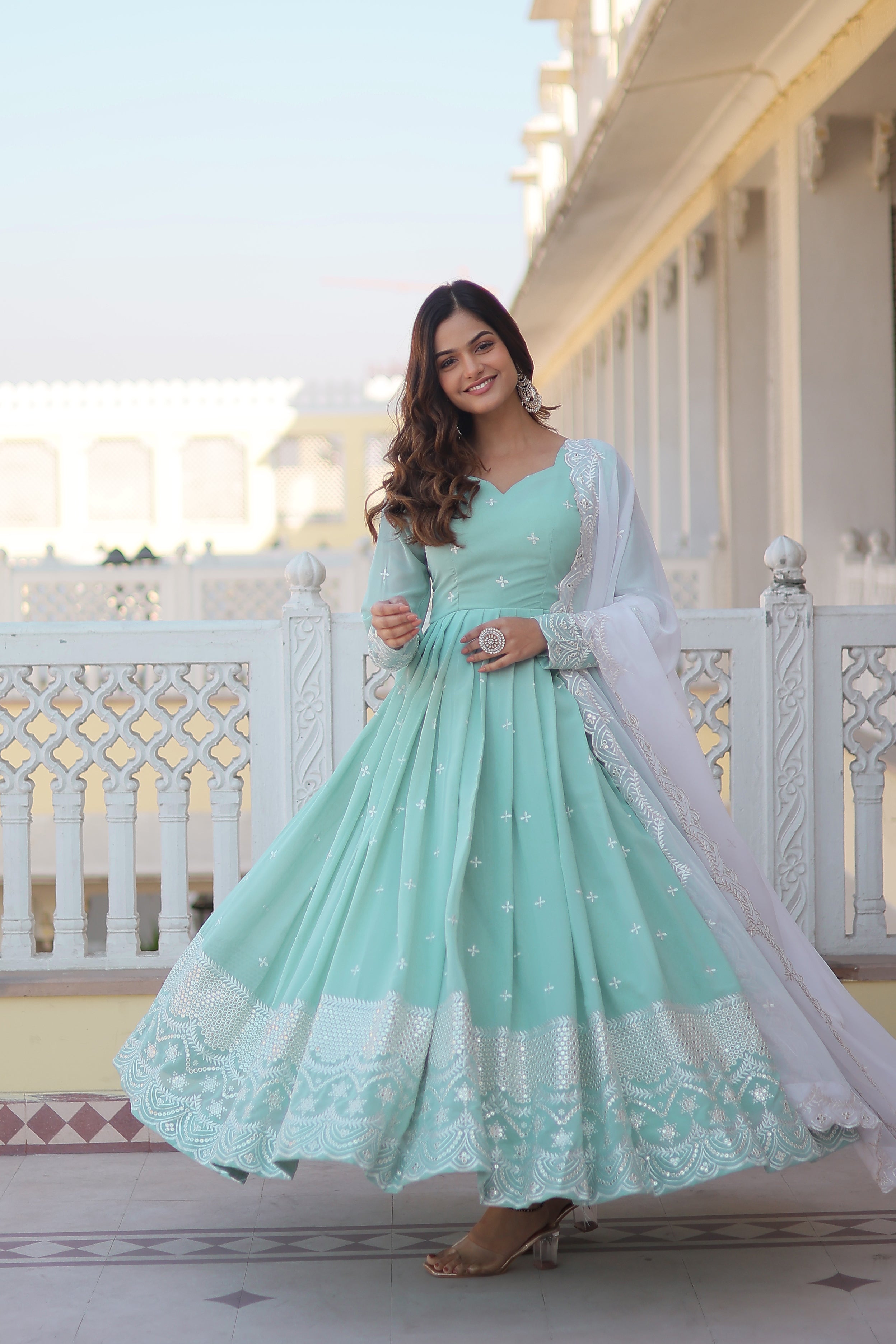 Women's Light Blue Georgette Party Wear Anarkali Set - Yash Enterprise