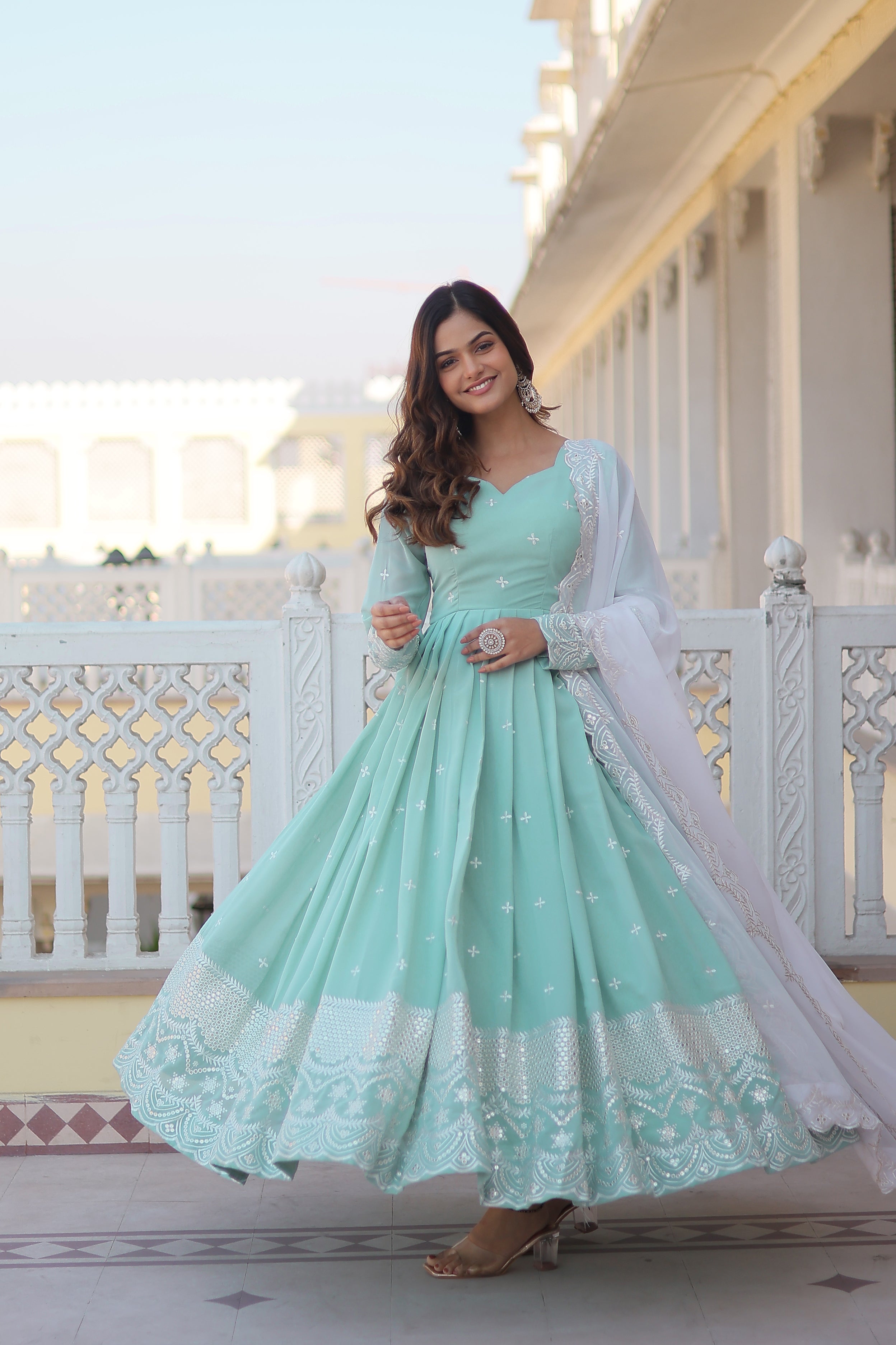 Women's Light Blue Georgette Party Wear Anarkali Set