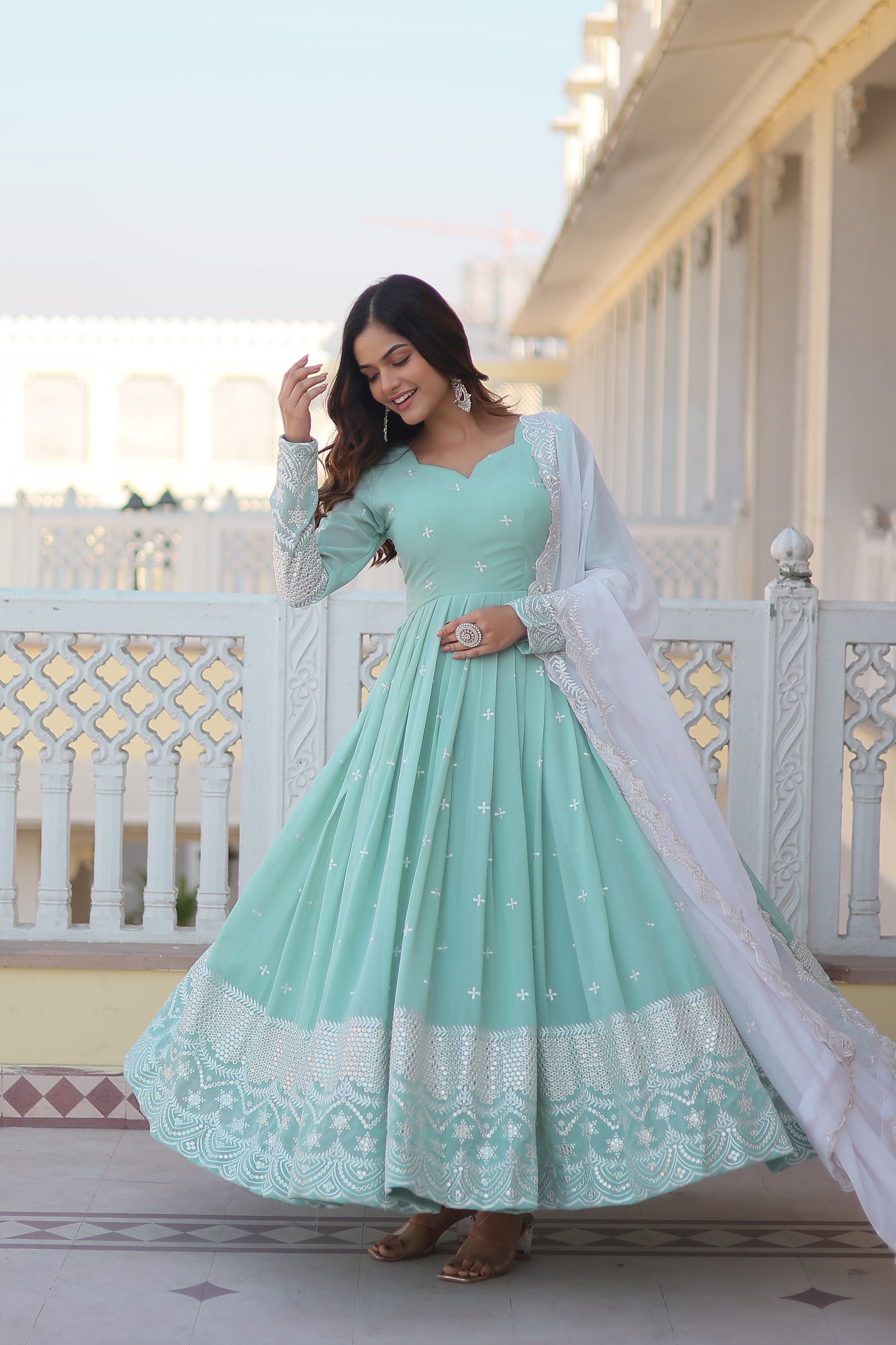 Women's Light Blue Georgette Party Wear Anarkali Set - Yash Enterprise