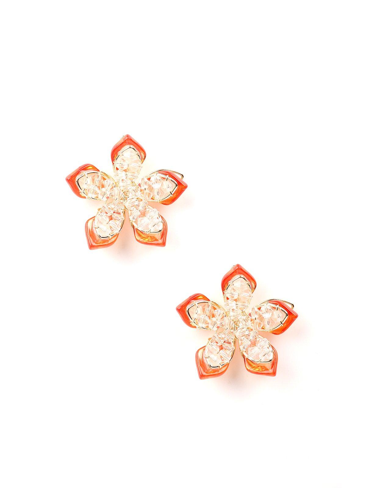 Women's Textured Orange Shaded Gold-Tone Flower-Shaped Statement Earring