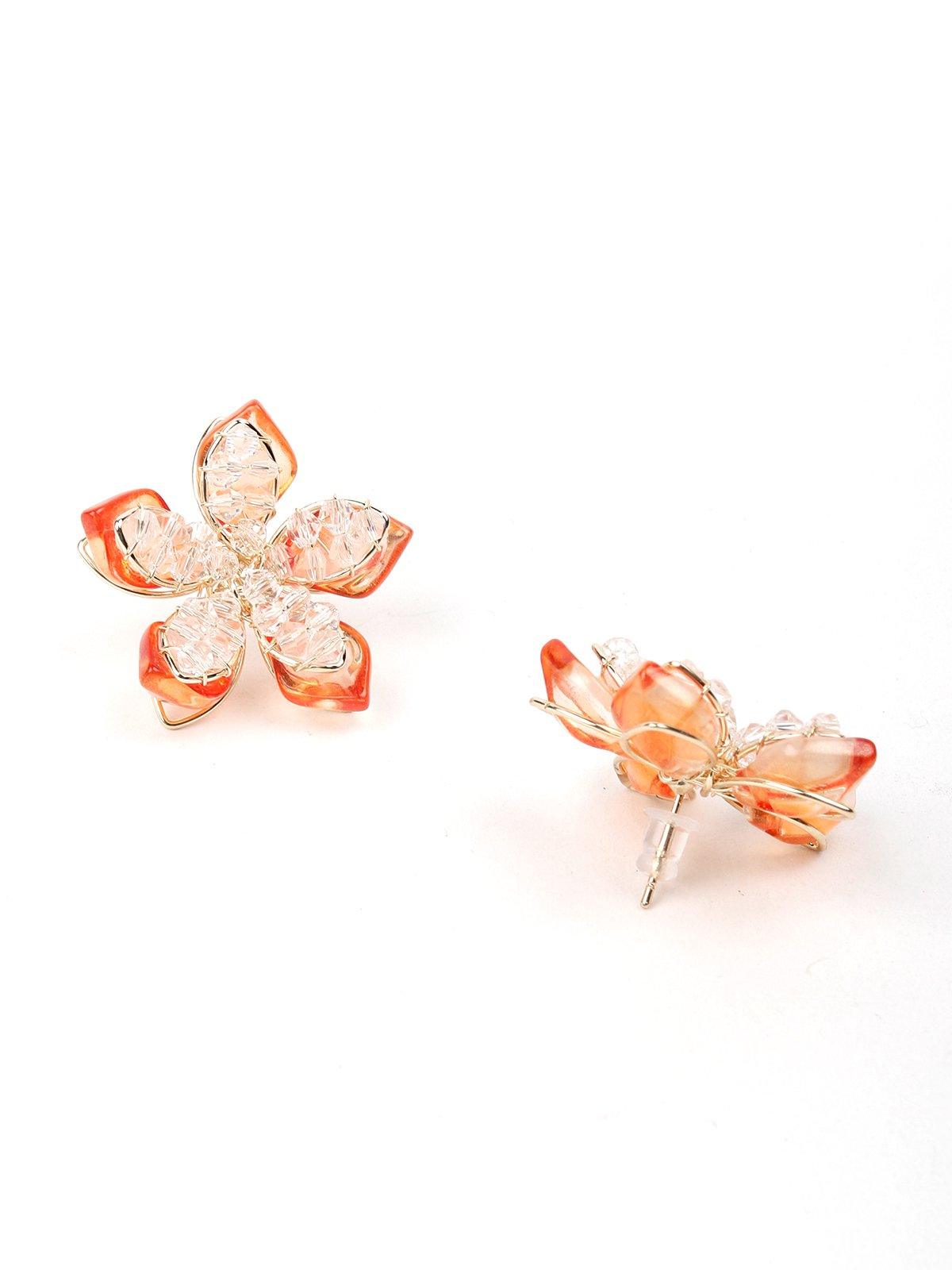 Women's Textured Orange Shaded Gold-Tone Flower-Shaped Statement Earring