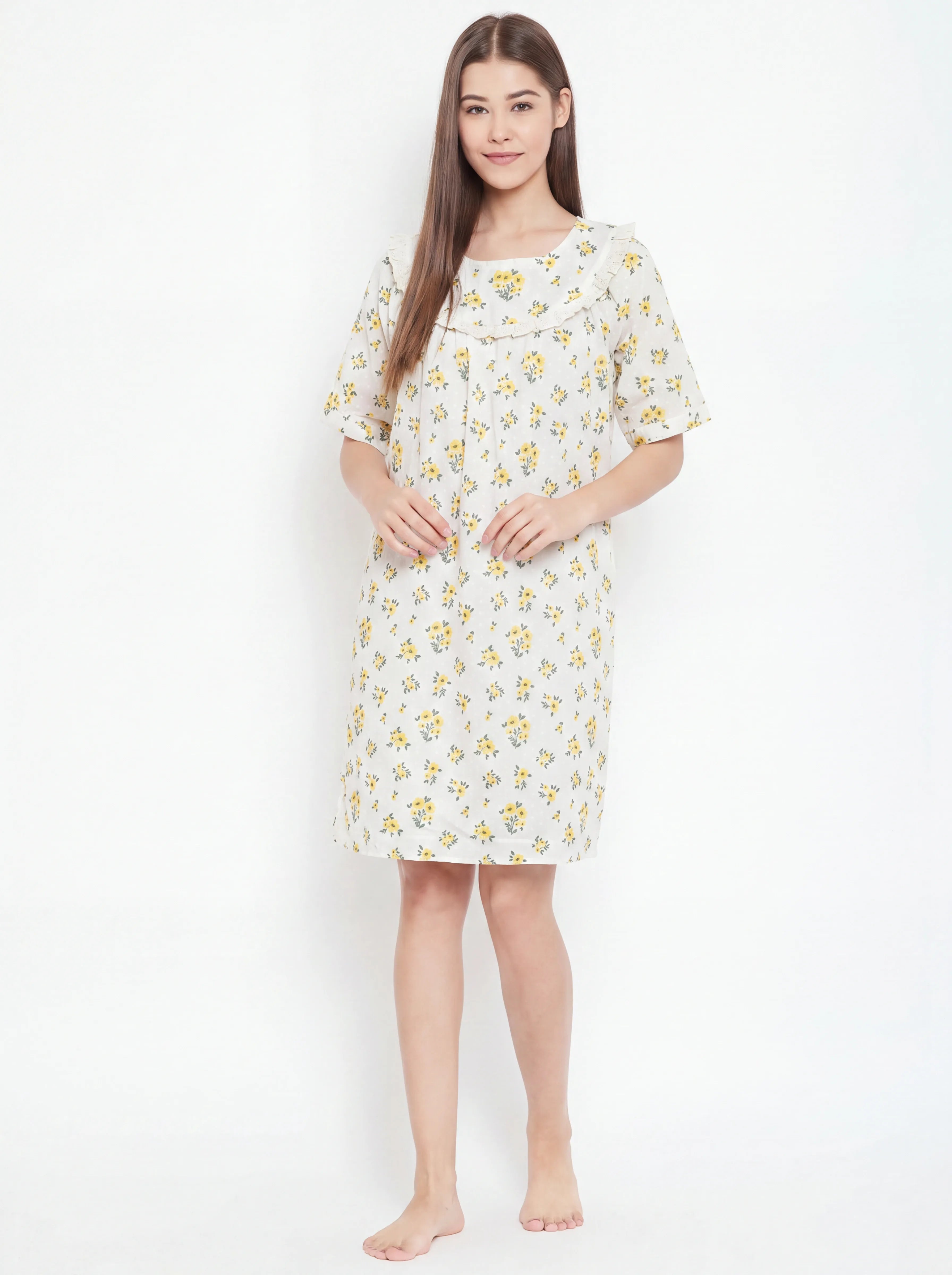 short night dress cotton Women's Yellow Floral Nightdress – Trendia button closure Color:Half white bra short night dress Holi Edit Women's Cotton-Silk Blend Cutwork