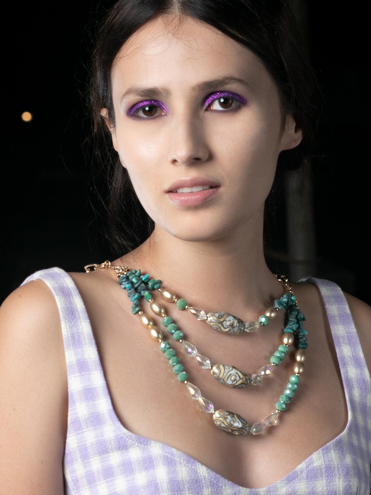 Women's Three-Layered Blue Stone Embellished Necklac