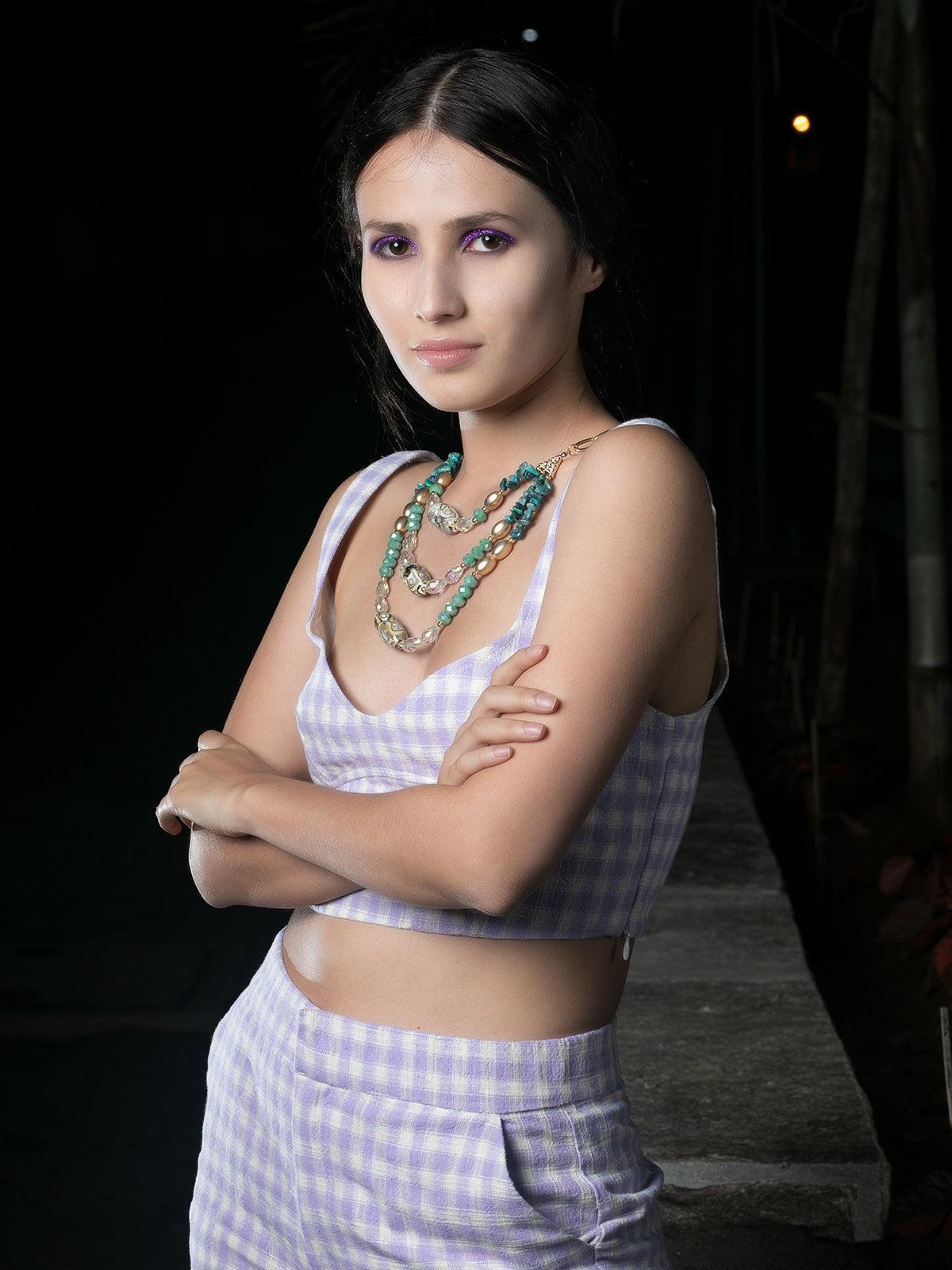 Women's Three-Layered Blue Stone Embellished Necklac