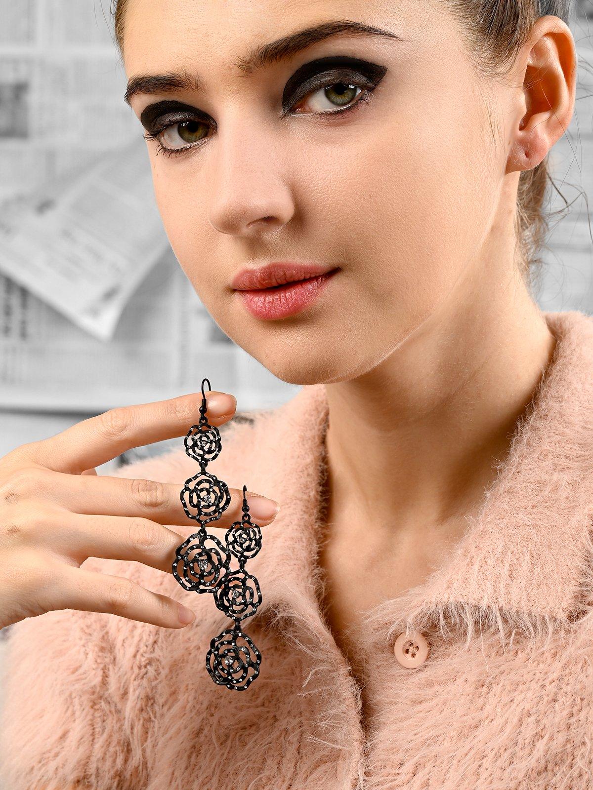 Women's Three Tier Black Floral Earring