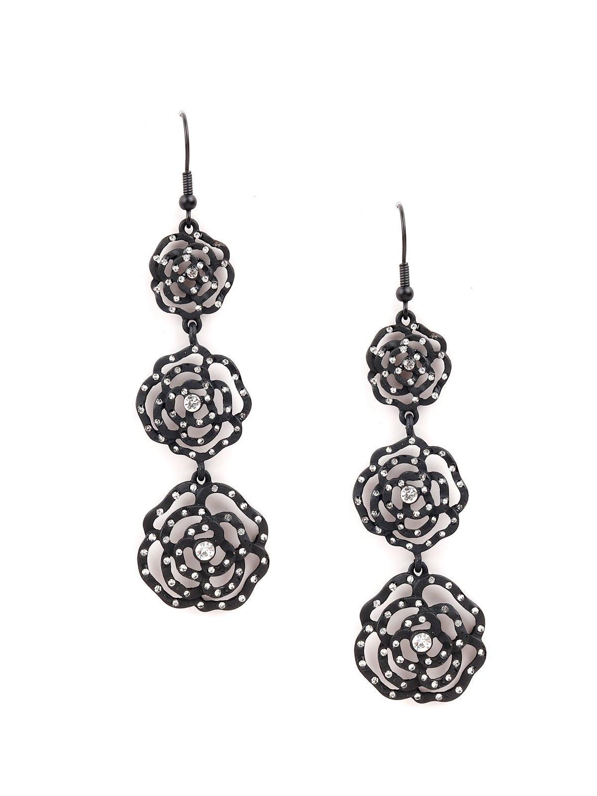 Women's Three Tier Black Floral Earring