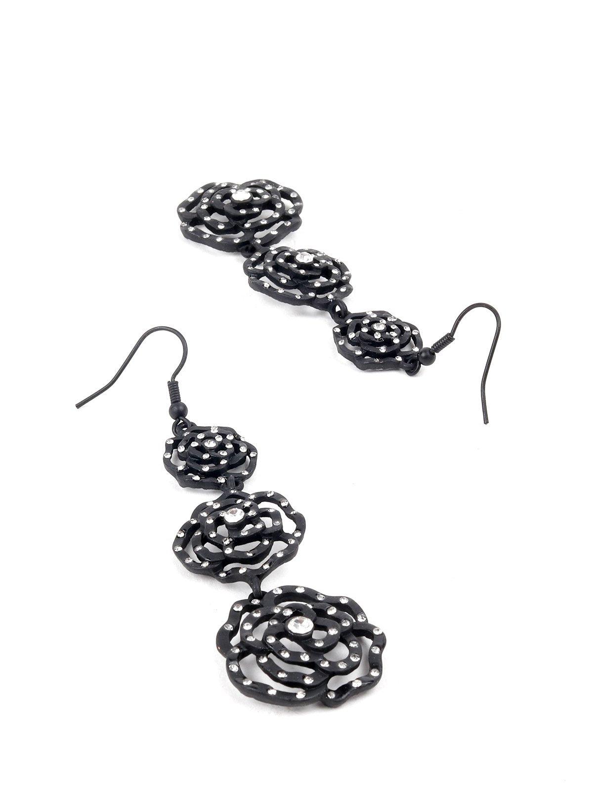 Women's Three Tier Black Floral Earring