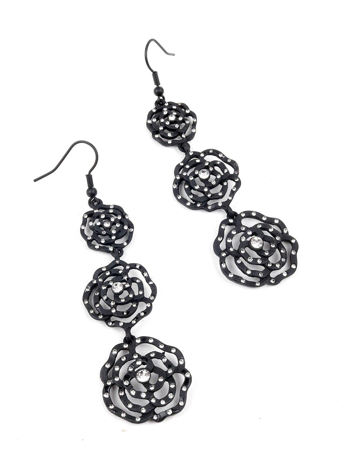Women's Three Tier Black Floral Earring