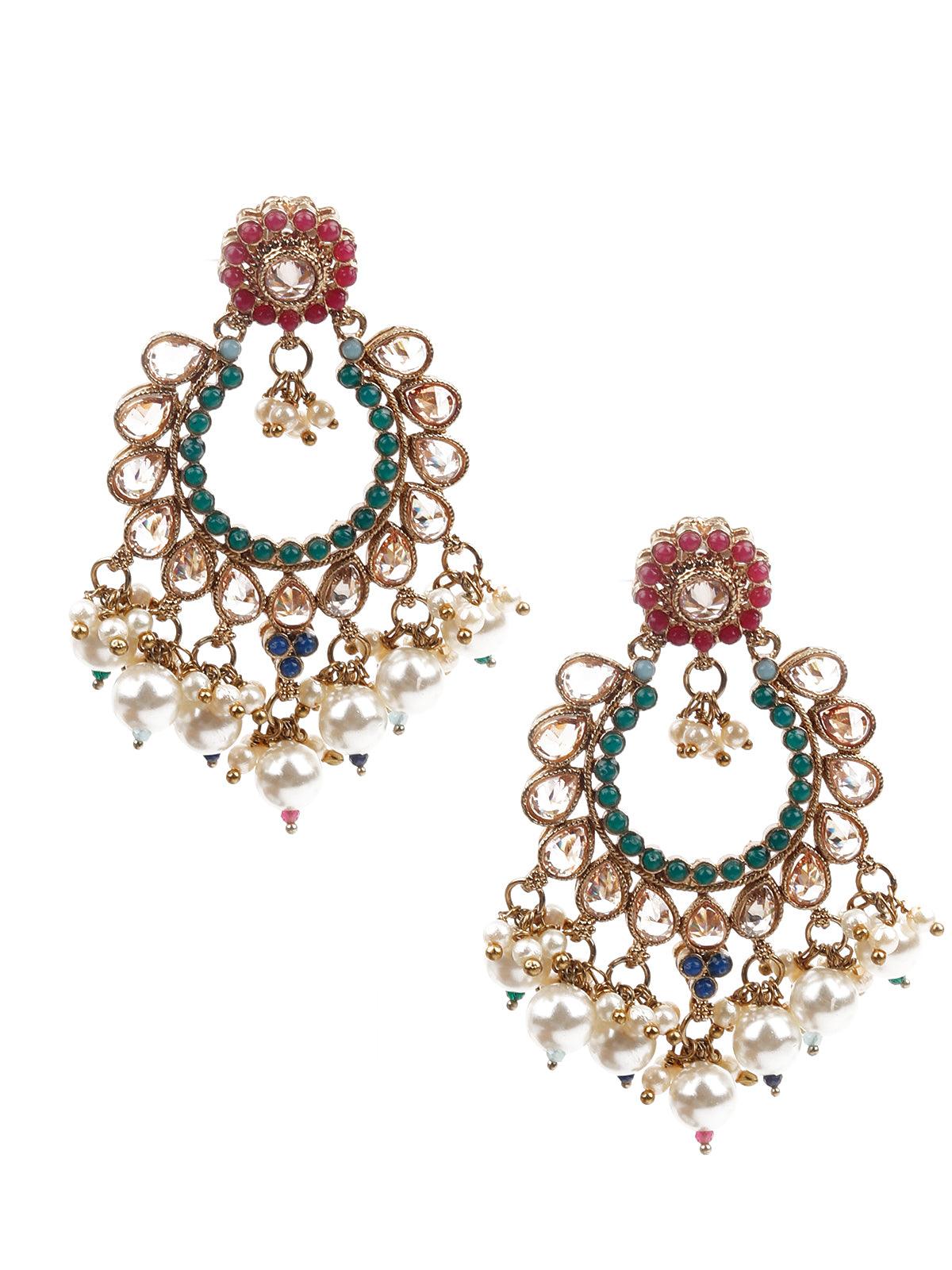 Women's Traditional Green Hoop Earrings And Maangtikk