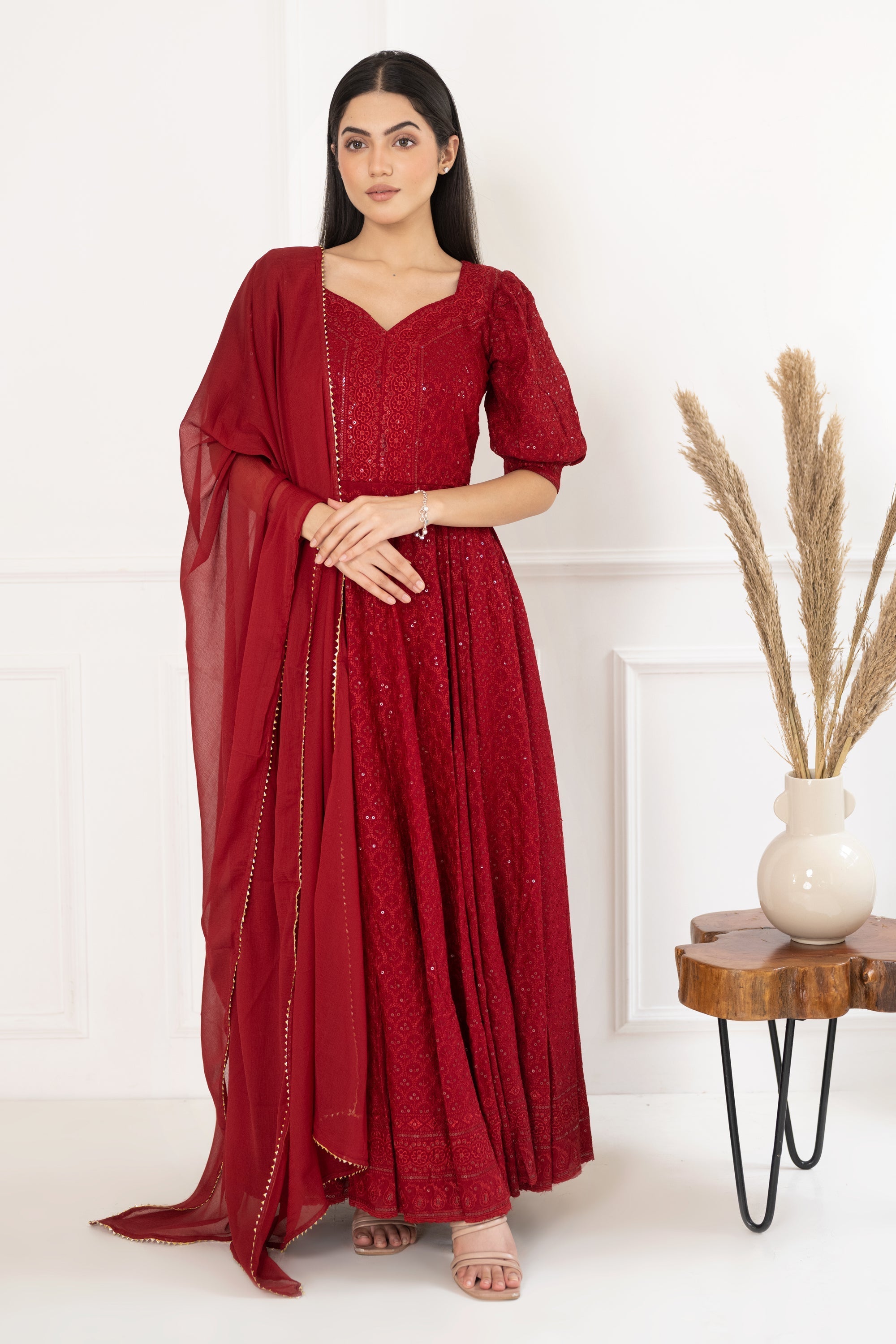 Women's Red Sequin Embroidered Dress With Dupatta (2 Pc Set)- Final Clearance Sale
