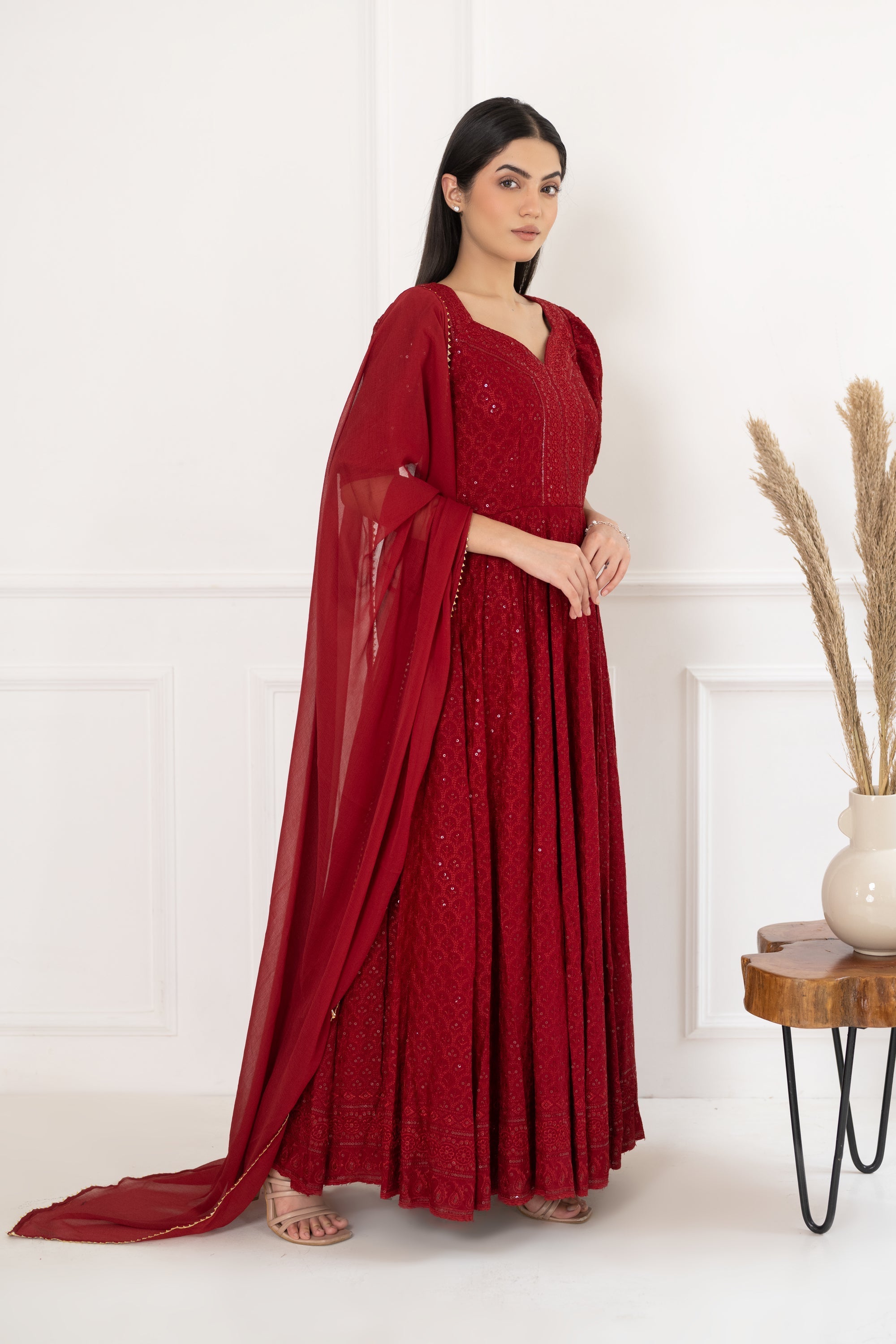 Women's Red Sequin Embroidered Dress With Dupatta (2 Pc Set)- Final Clearance Sale